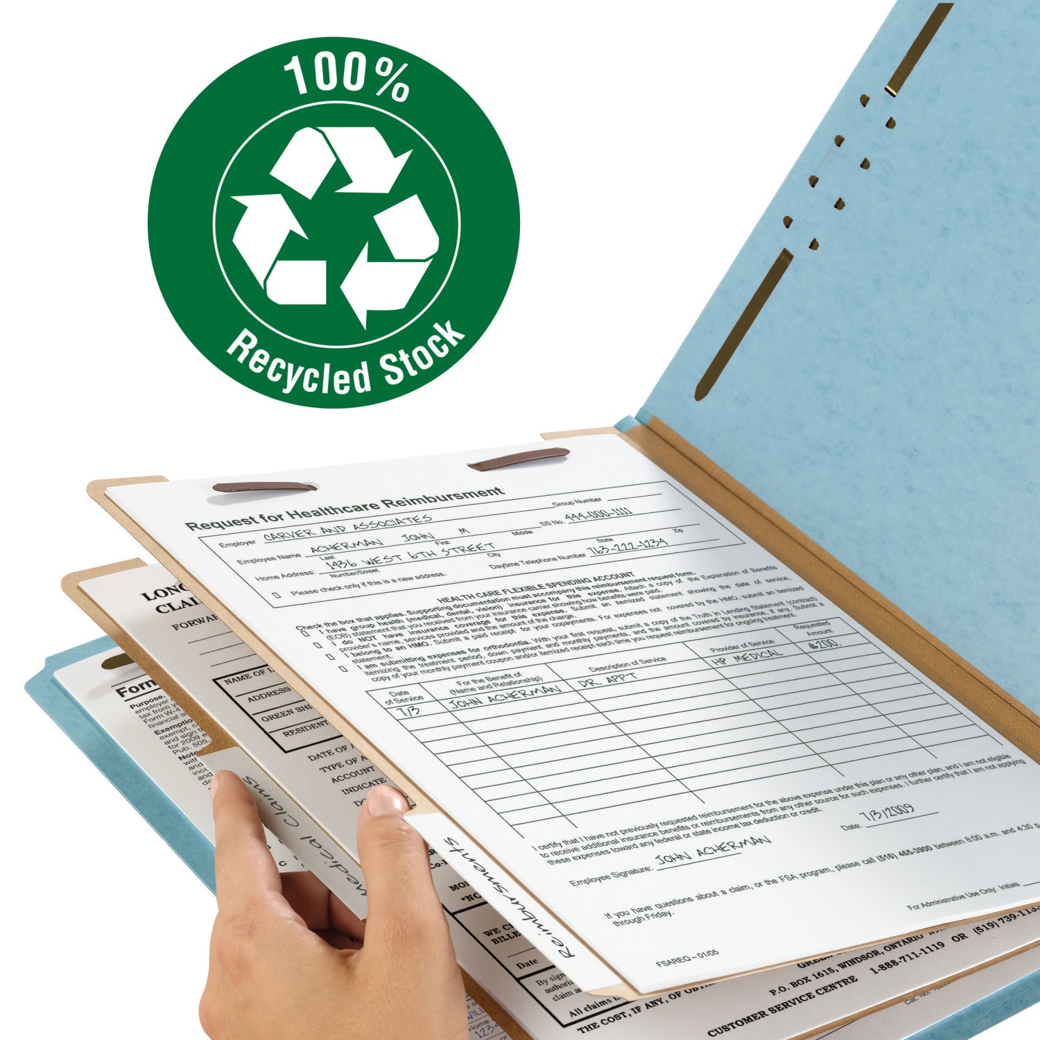 Smead Pressboard Classification Folders, 2 Dividers, Letter Size, 100% Recycled, Blue, Box Of 10 - Image 5