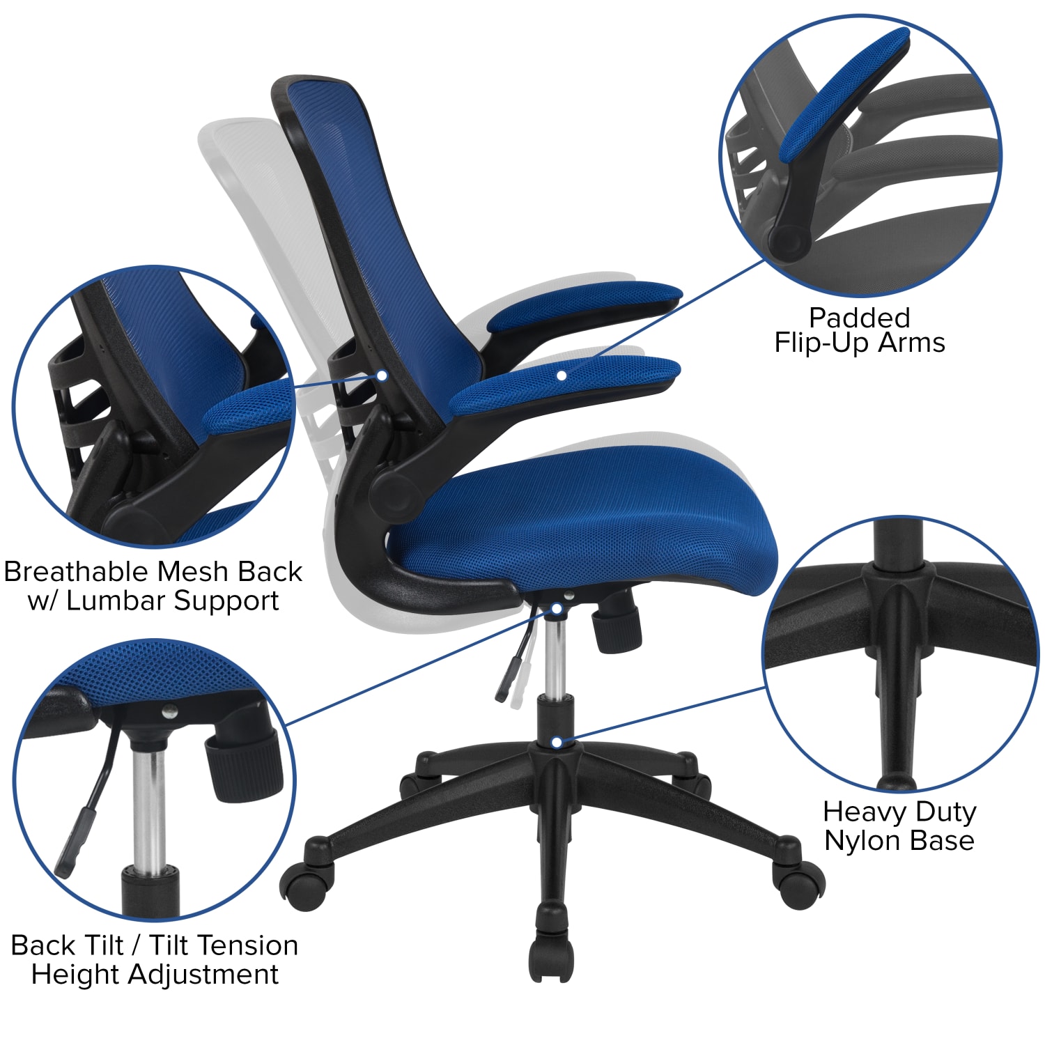 Flash Furniture Mesh Mid Back Swivel Task Chair With Flip Up Arms BlueBlack PopularChairscom
