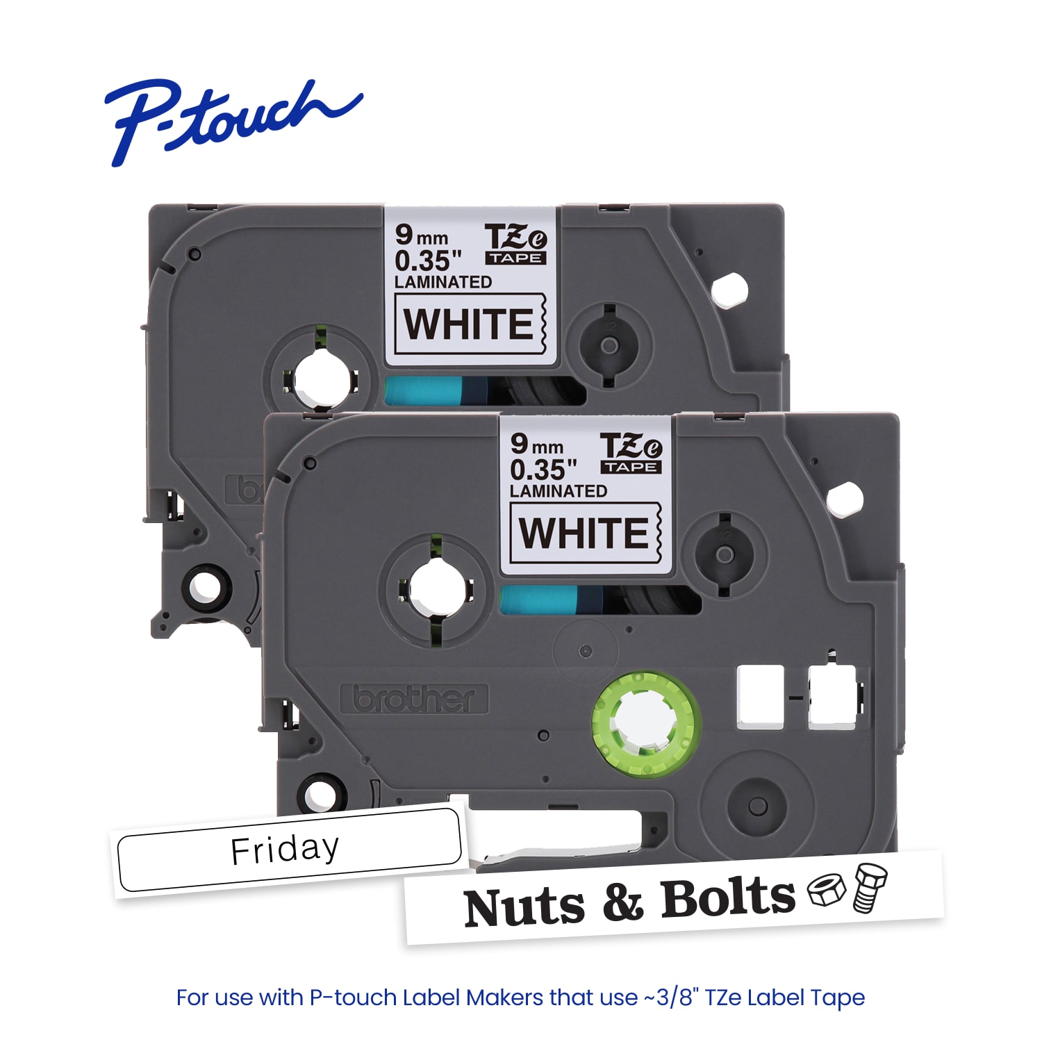 Brother P-touch TZe2212PK Laminated, 3/8in x 26.2 ft (9mm x 8m), Black on White Label Tape, 2 pack - Image 3