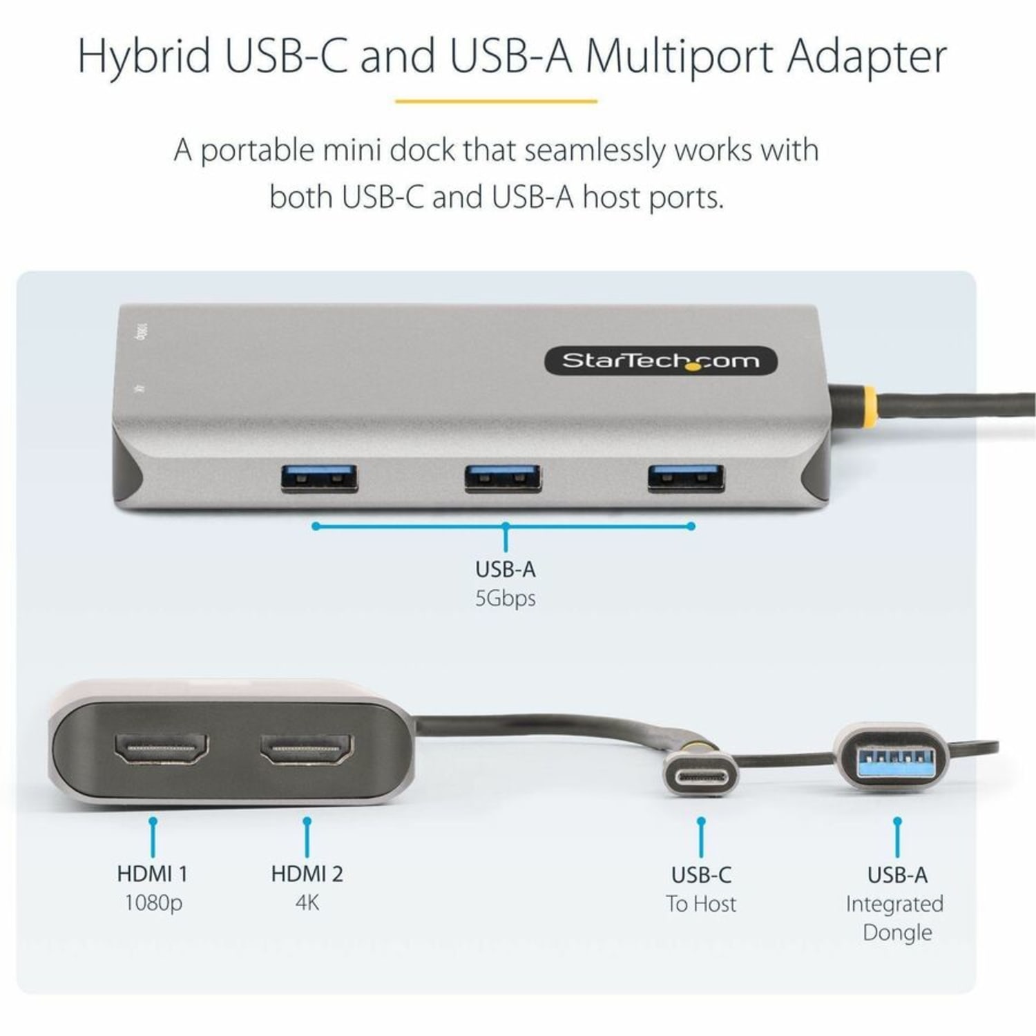 StarTech.com USB-C Multiport Adapter w/Attached USB-C to USB-A Dongle, Dual HDMI 4K/1080, 3x USB, Mini Laptop Docking Station, Travel Dock - Image 5
