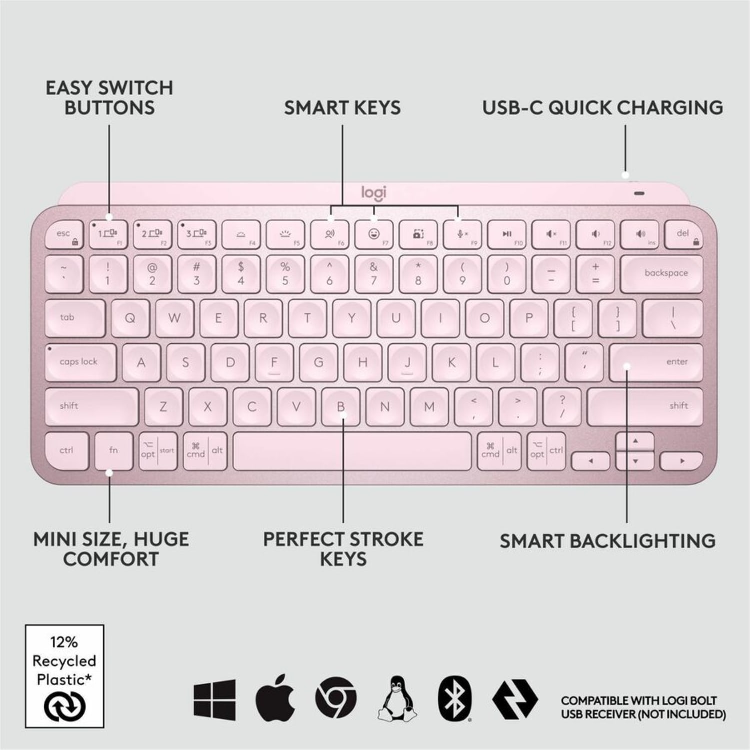 Logitech MX Keys Mini Minimalist Wireless Illuminated Keyboard, Compact, Bluetooth, USB-C - Rose - Wireless Connectivity - 920010474 - Image 3