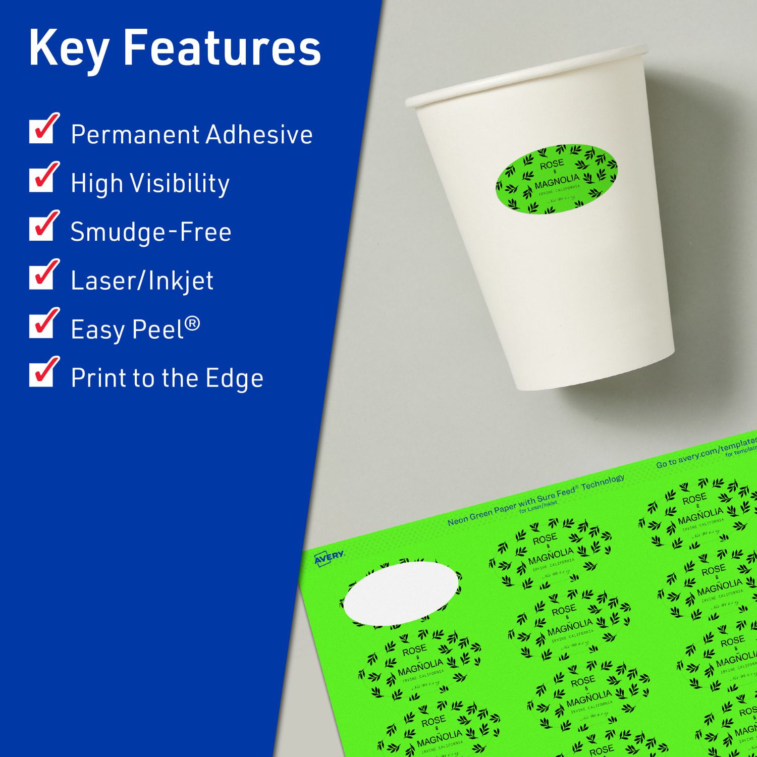 Avery Print-To-The-Edge Labels With Sure Feed Technology And Easy Peel Label Feature, 94053-NGP80, Oval, 1in x 2in, Matte Neon Green, Pack of 1920 - Image 3