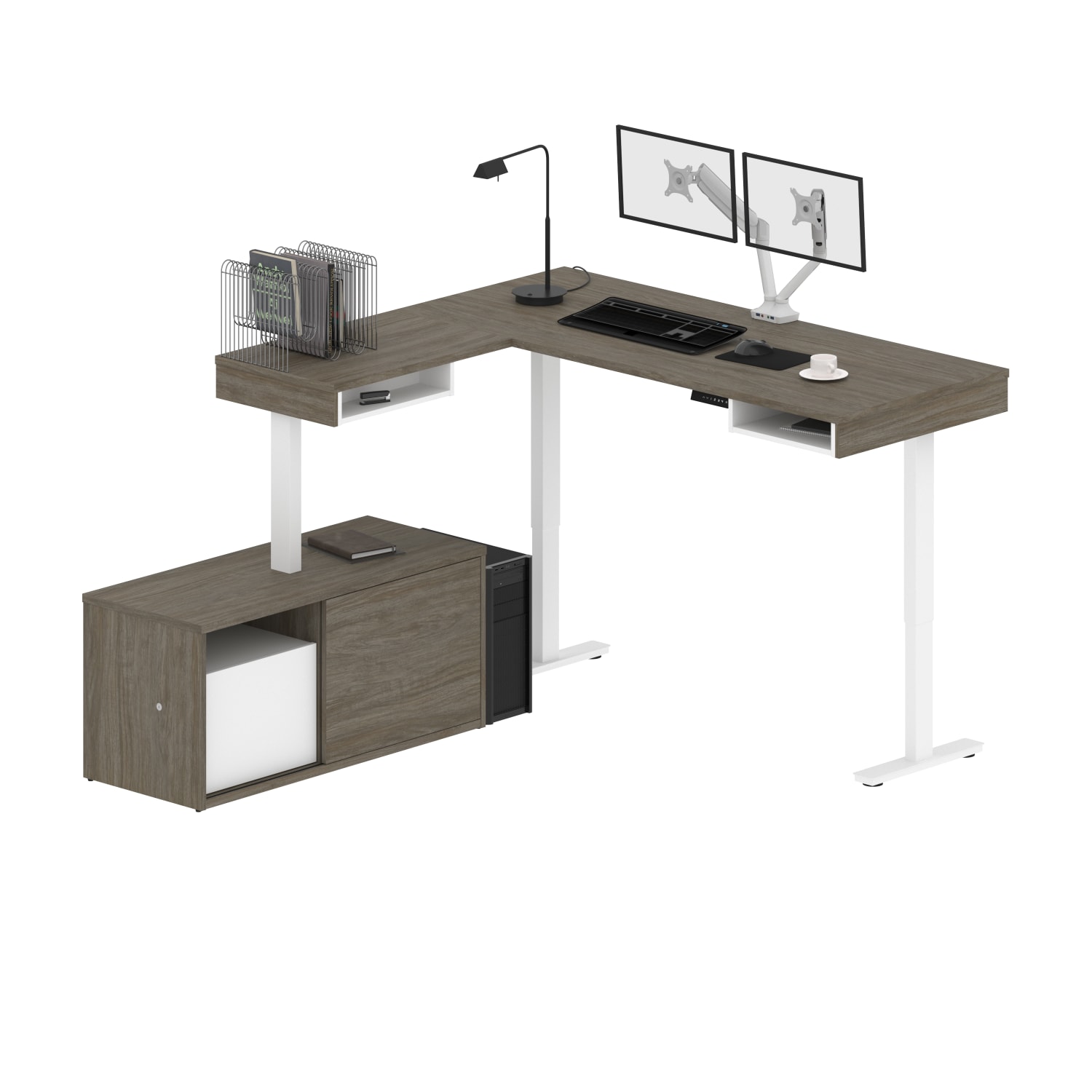Bestar Pro-Vega 81inW L-Shaped Standing Corner Desk With Dual Monitor Arm And Credenza, Walnut Gray/White - Image 3