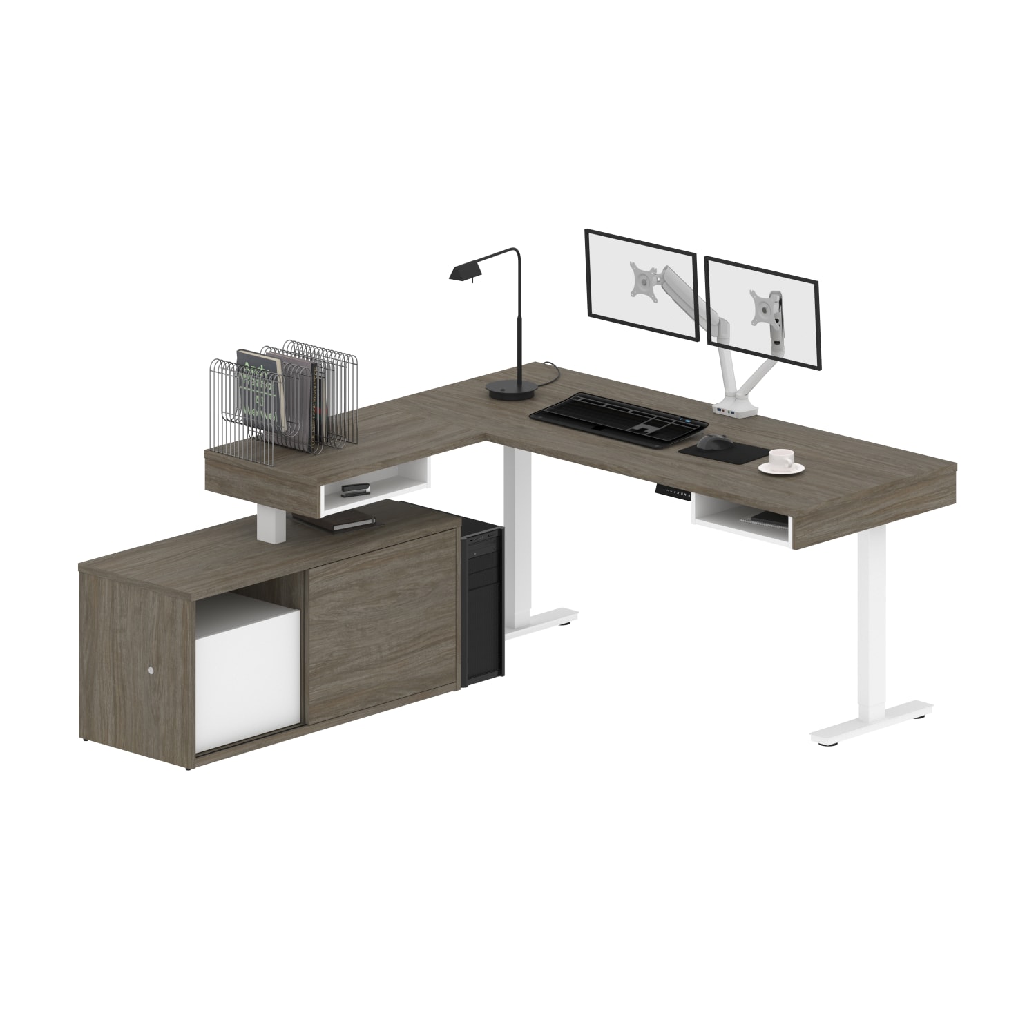 Bestar Pro-Vega 81inW L-Shaped Standing Corner Desk With Dual Monitor Arm And Credenza, Walnut Gray/White - Image 4