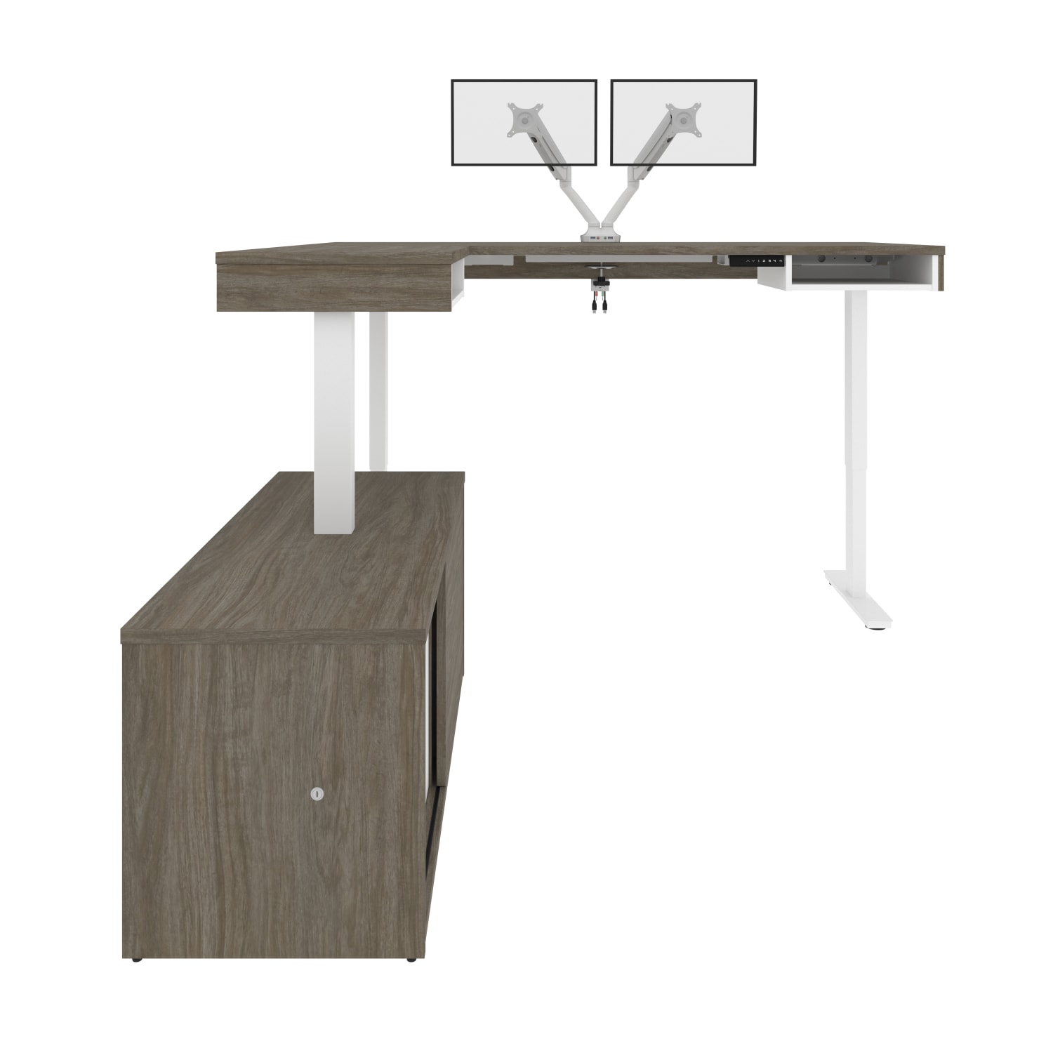 Bestar Pro-Vega 81inW L-Shaped Standing Corner Desk With Dual Monitor Arm And Credenza, Walnut Gray/White - Image 5