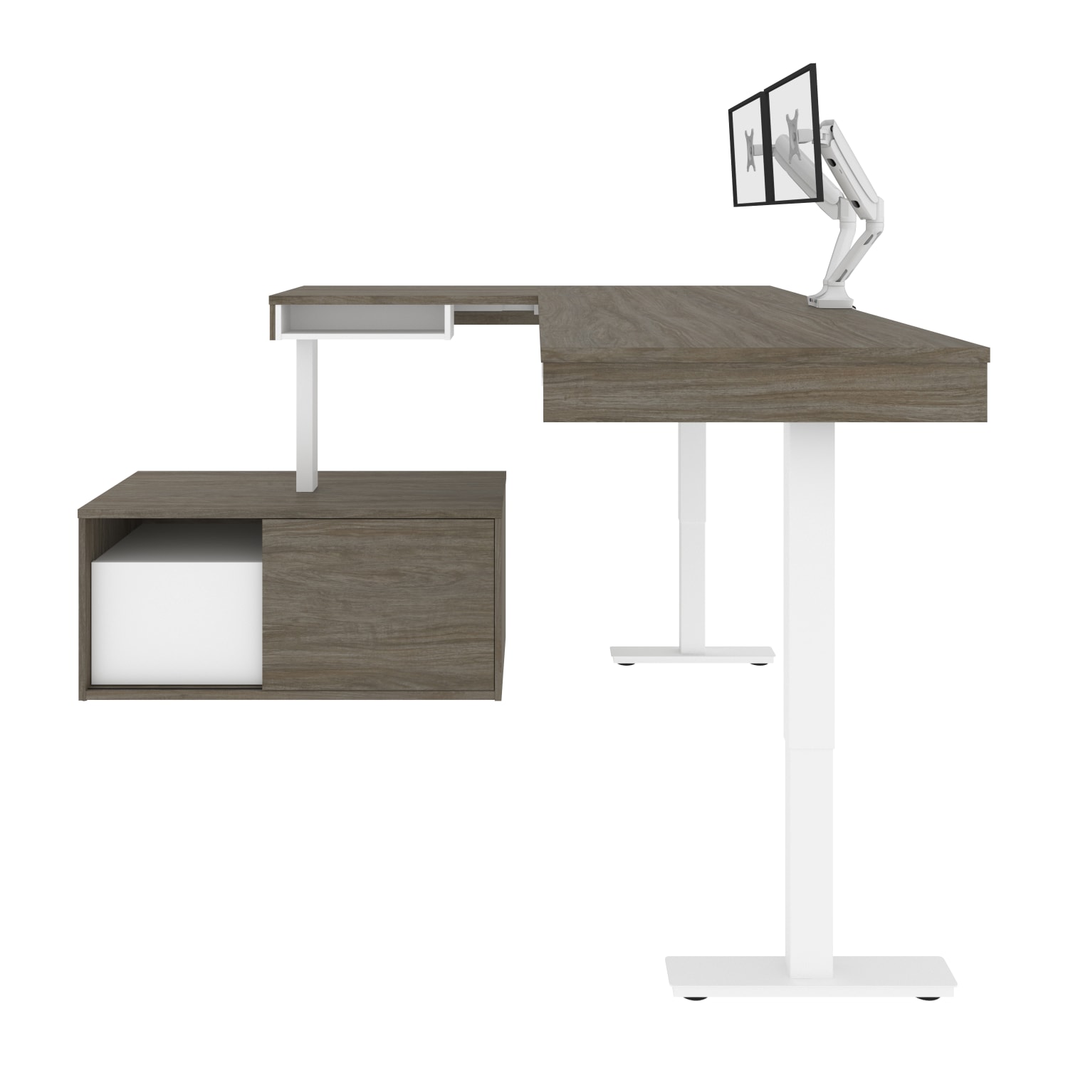 Bestar Pro-Vega 81inW L-Shaped Standing Corner Desk With Dual Monitor Arm And Credenza, Walnut Gray/White - Image 6