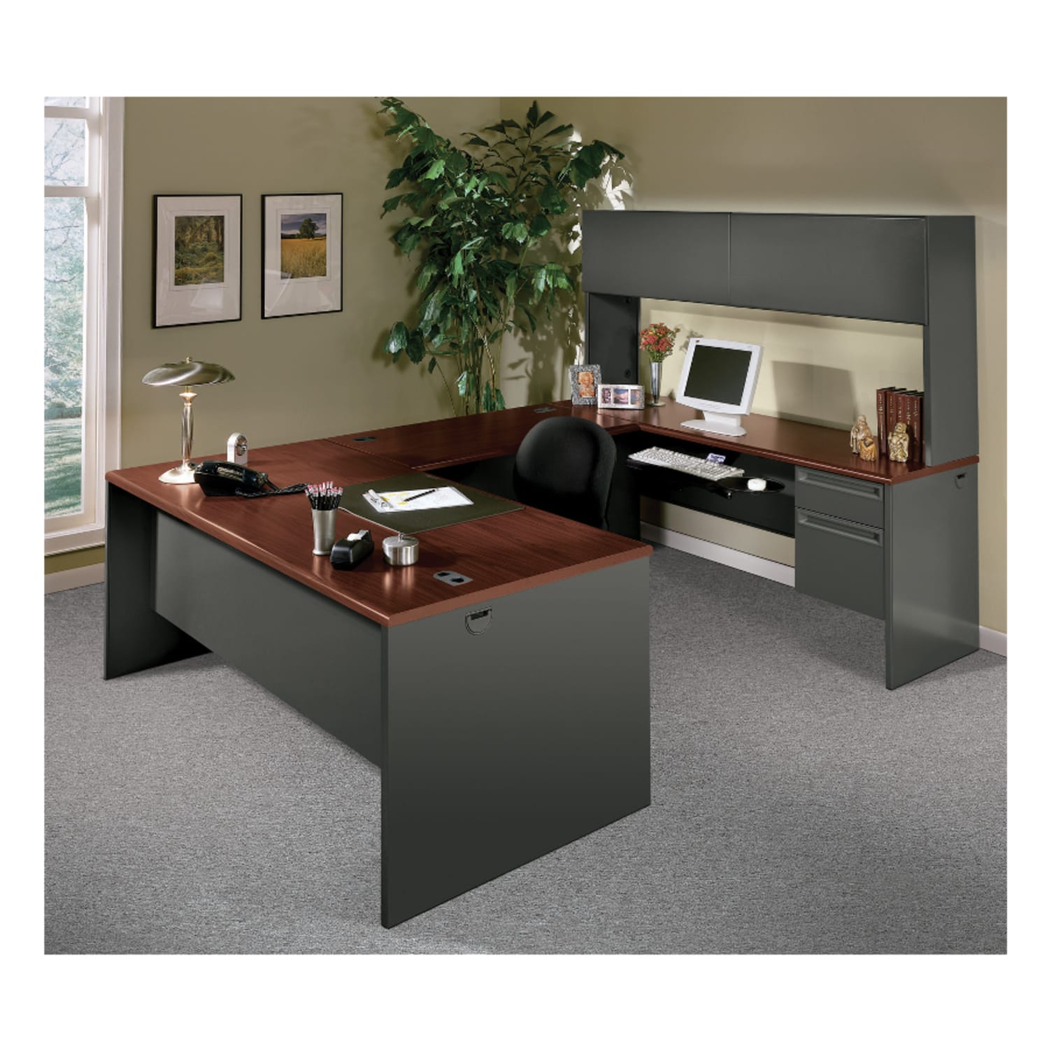 HON 38000 72inW Left-Pedestal Computer Desk Credenza With Lock, Mahogany/Charcoal - Image 5