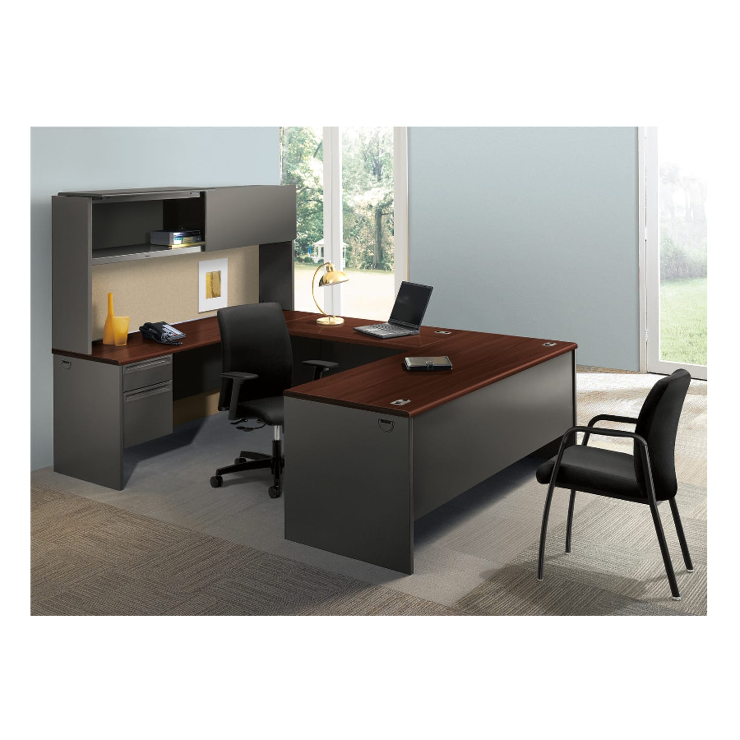 HON 38000 72inW Left-Pedestal Computer Desk Credenza With Lock, Mahogany/Charcoal - Image 6