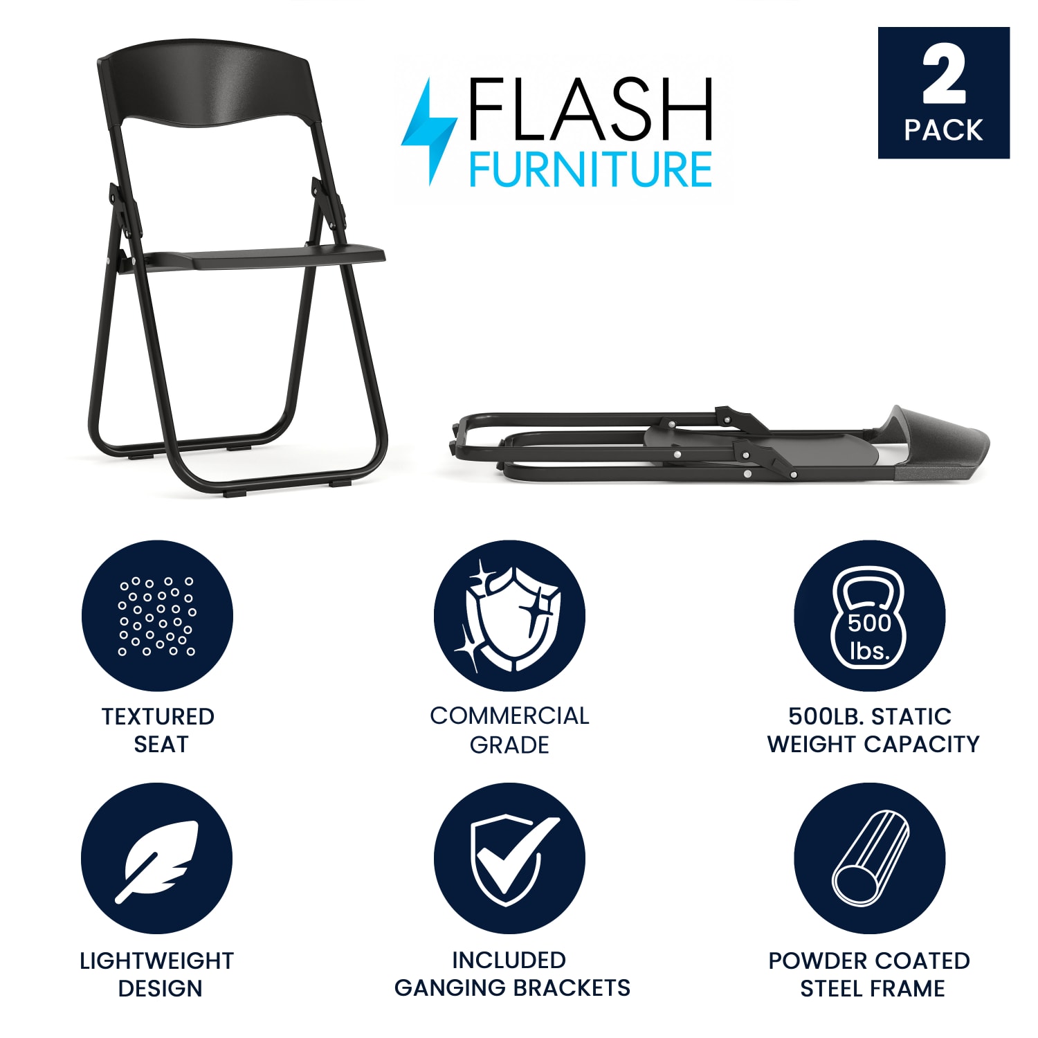 Flash Furniture HERCULES 500-lb Capacity Heavy-Duty Plastic Folding Chairs With Ganging Brackets, Black, Set Of 2 Chairs - Image 3