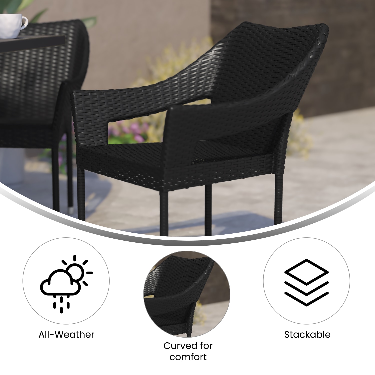 Flash Furniture Ethan AllWeather PE Rattan Wicker Stacking Patio Dining Chair Black PopularChairscom Flash Furniture Ethan All Weather PE Rattan Wicker Stacking Patio Dining Chair Black PopularChairscom