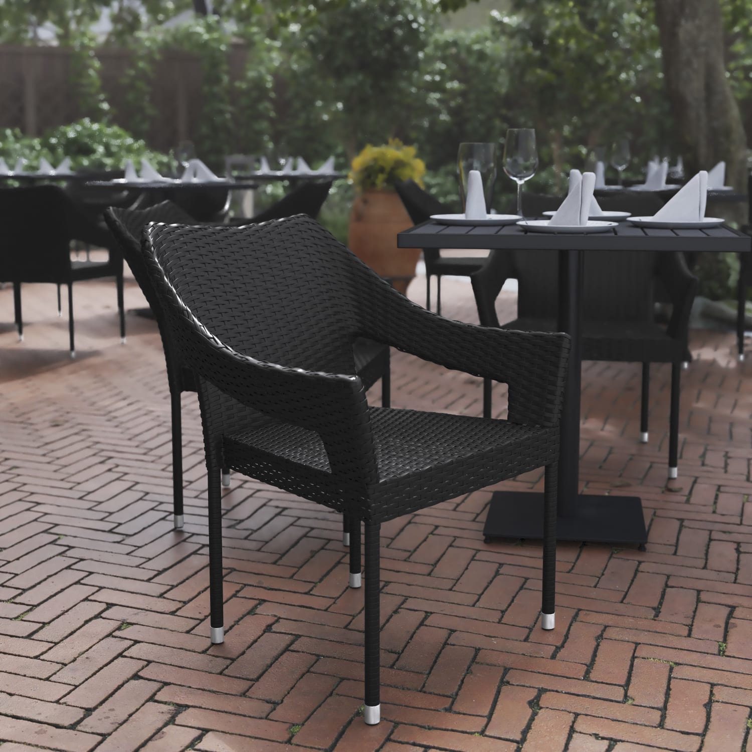 Flash Furniture Ethan AllWeather PE Rattan Wicker Stacking Patio Dining Chair Black PopularChairscom Flash Furniture Ethan All Weather PE Rattan Wicker Stacking Patio Dining Chair Black PopularChairscom