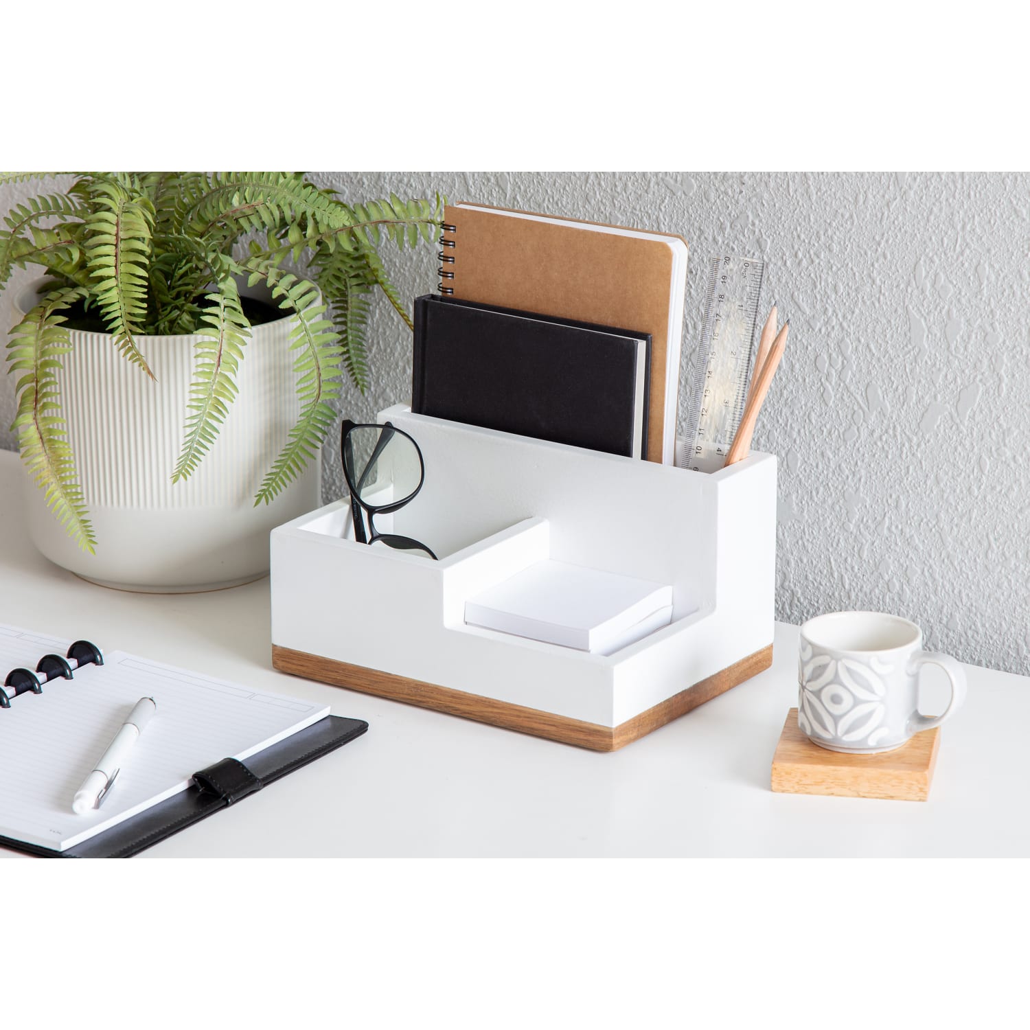 Realspace 3-Compartment Wood Desktop Organizer, 4-1/2inH x 8-1/2inW x 6inD, White/Natural - Image 3