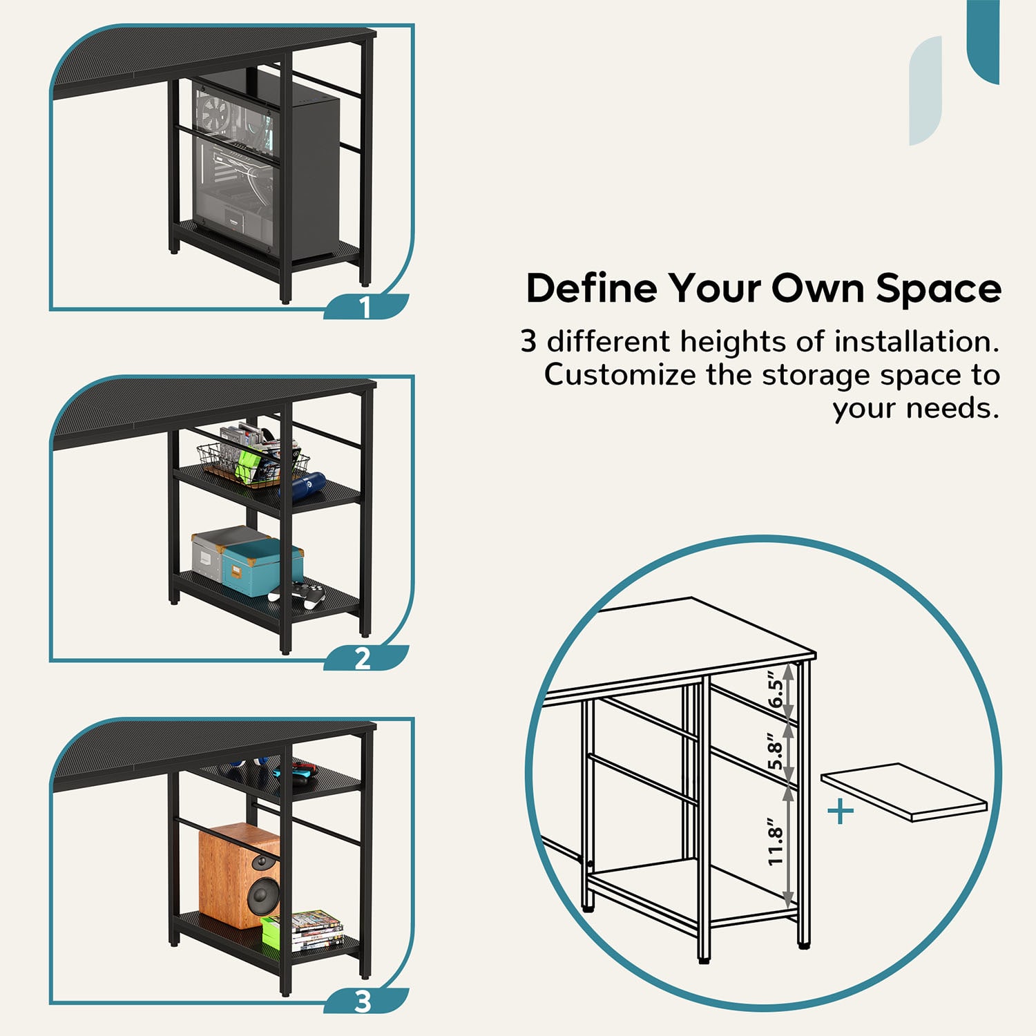 Bestier L-Shaped Corner Computer Desk With Storage Shelf, 3 Cable Holes, 56inW, Black Carbon Fiber - Image 3