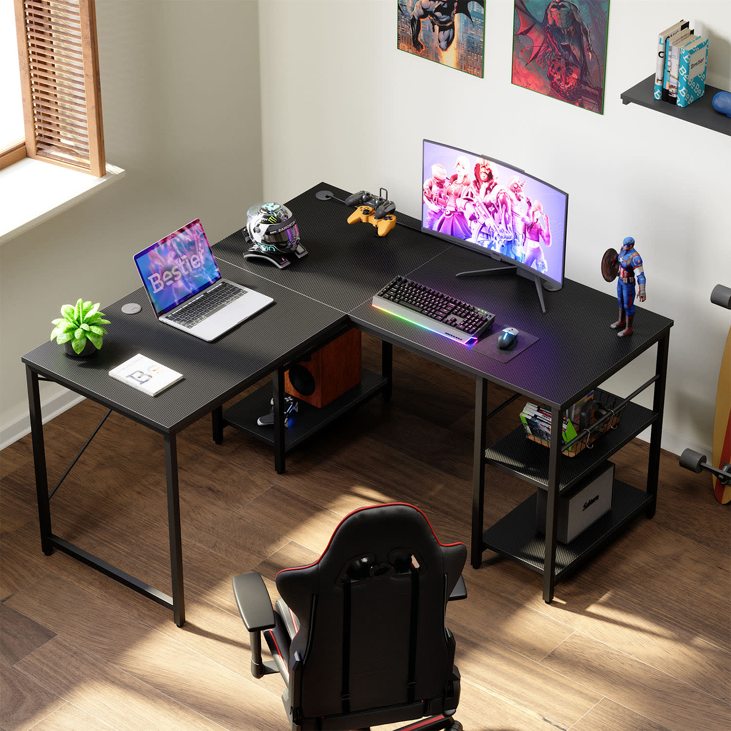 Bestier L-Shaped Corner Computer Desk With Storage Shelf, 3 Cable Holes, 56inW, Black Carbon Fiber - Image 6