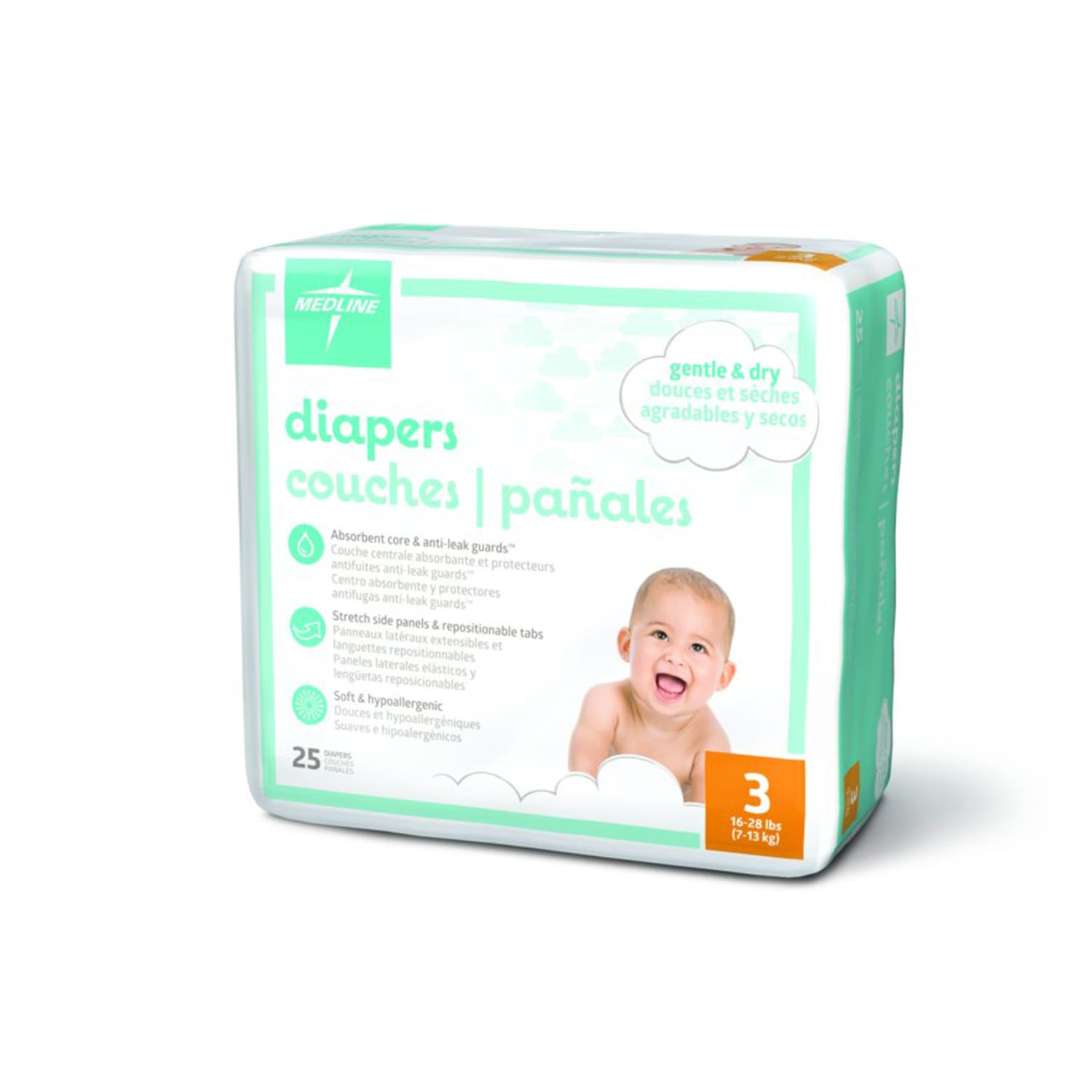 Medline KinderCare Disposable Baby Diapers, Size 3, 16-28 Lb, White, 25 Diapers Per Pack, Case Of 8 Packs - Image 3