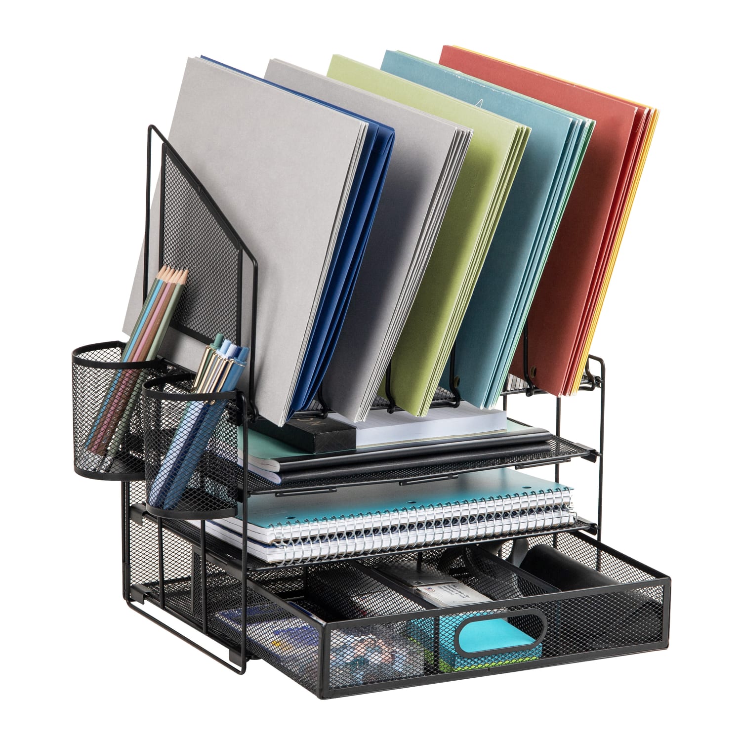 Office Depot Brand Mesh Desk Organizer With Vertical Storage And Pen Holders, 16inH x 12-3/4inW x 9-1/2inD, Black