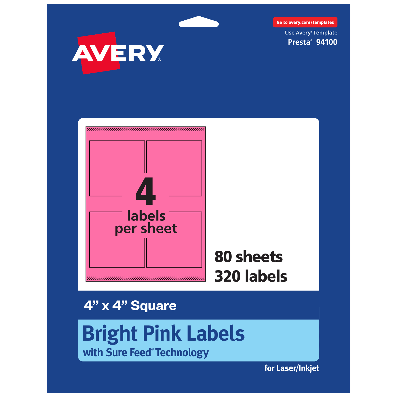 Avery Printable Labels With Sure Feed Technology, 94100-BPP80, Square, 4in x 4in, Matte Bright Pink, Pack of 320