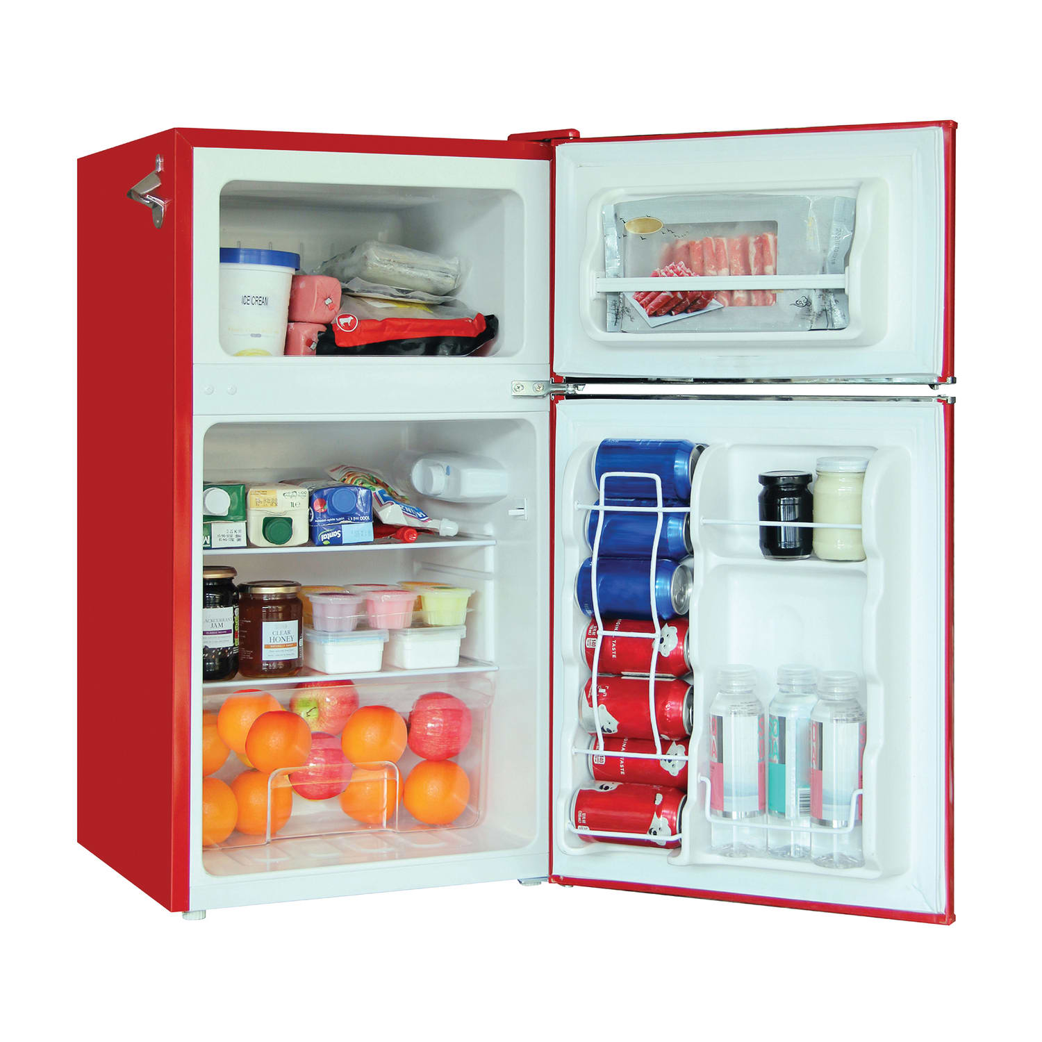 Frigidaire 2-Door Retro 3.2 cu ft Compact Bar Fridge with Freezer and Side Bottle Opener, Red - Image 4