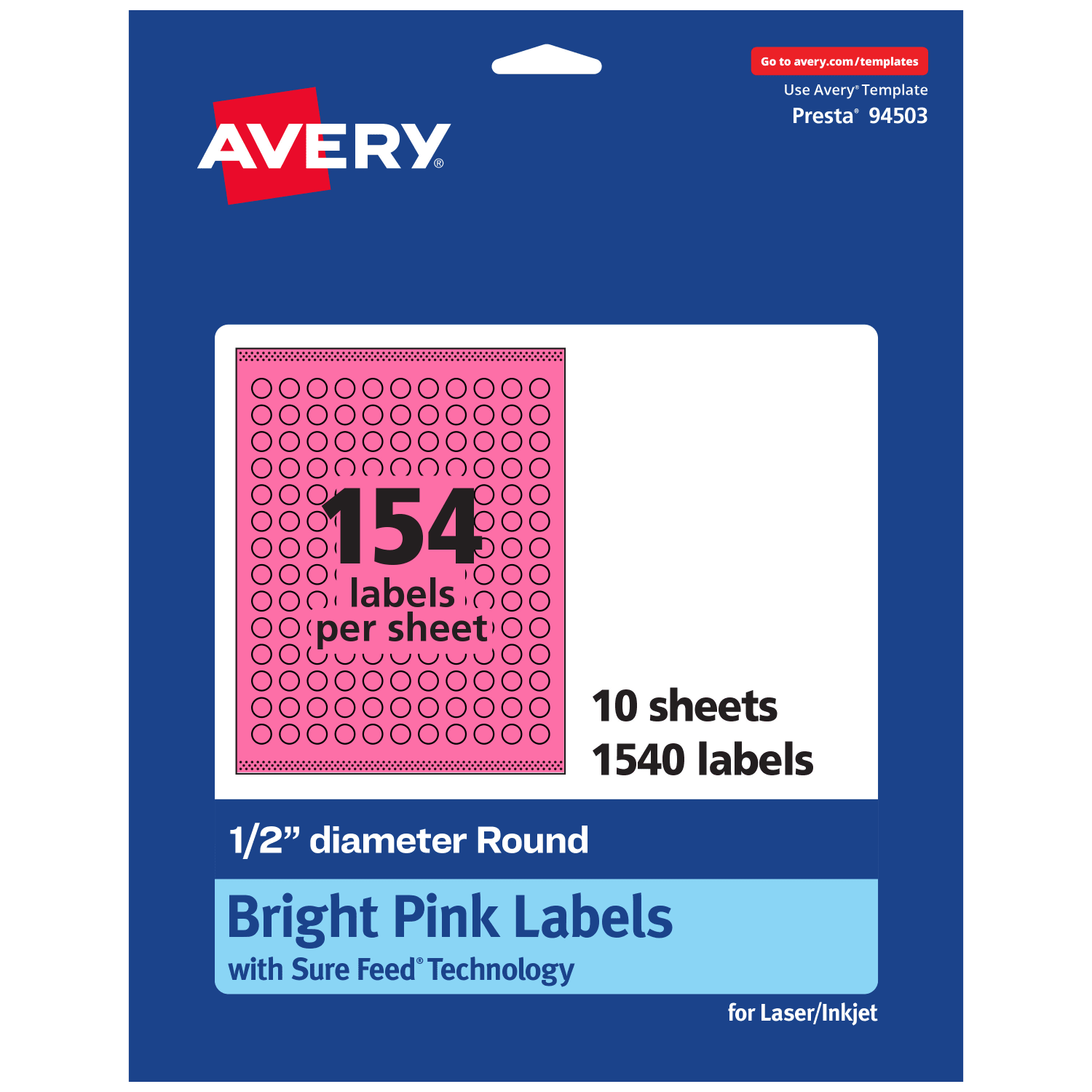Avery Print-To-The-Edge Labels With Sure Feed Technology And Easy Peel Label Feature, 94503-BPP10, Round, 1/2in, Matte Bright Pink, Pack of 1540