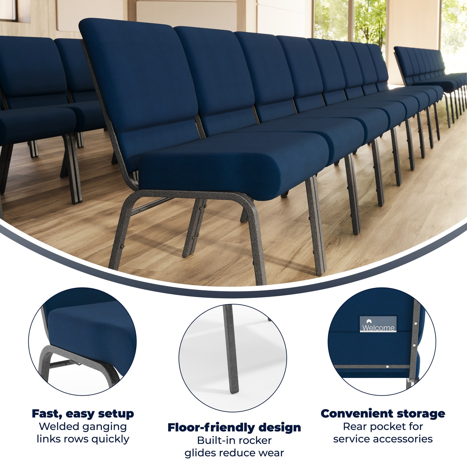 Flash Furniture HERCULES Series 21inW Stackable Church Chair, Navy Blue/Silvervein - Image 4