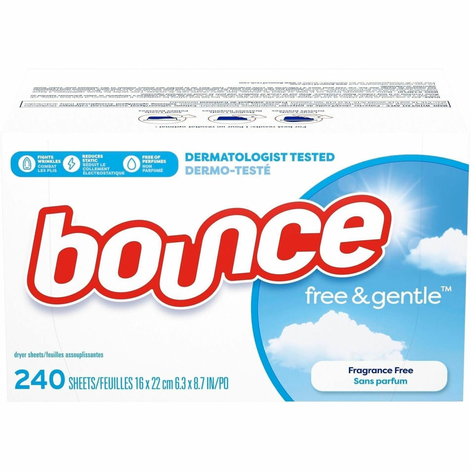 Bounce Free & Gentle Dryer Sheets - 9in Length x 6.04in Width - Dye-free, Scent-free, Wrinkle-free, Hypoallergenic, Soft - White - 240 / Box