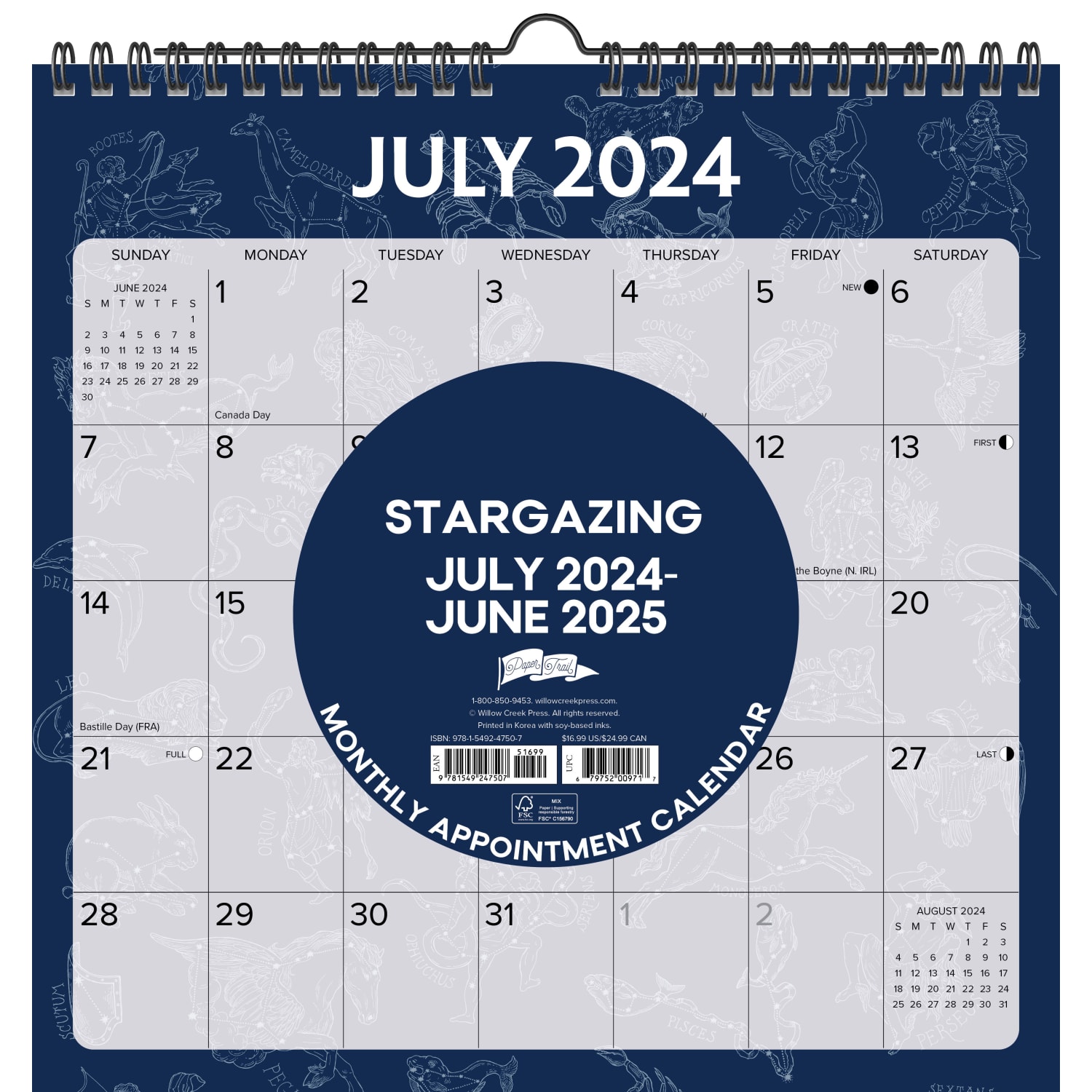2025 Willow Creek Press Spiral Art Monthly Wall Calendar, 12in x 12in, Stargazing, January To December, 47507