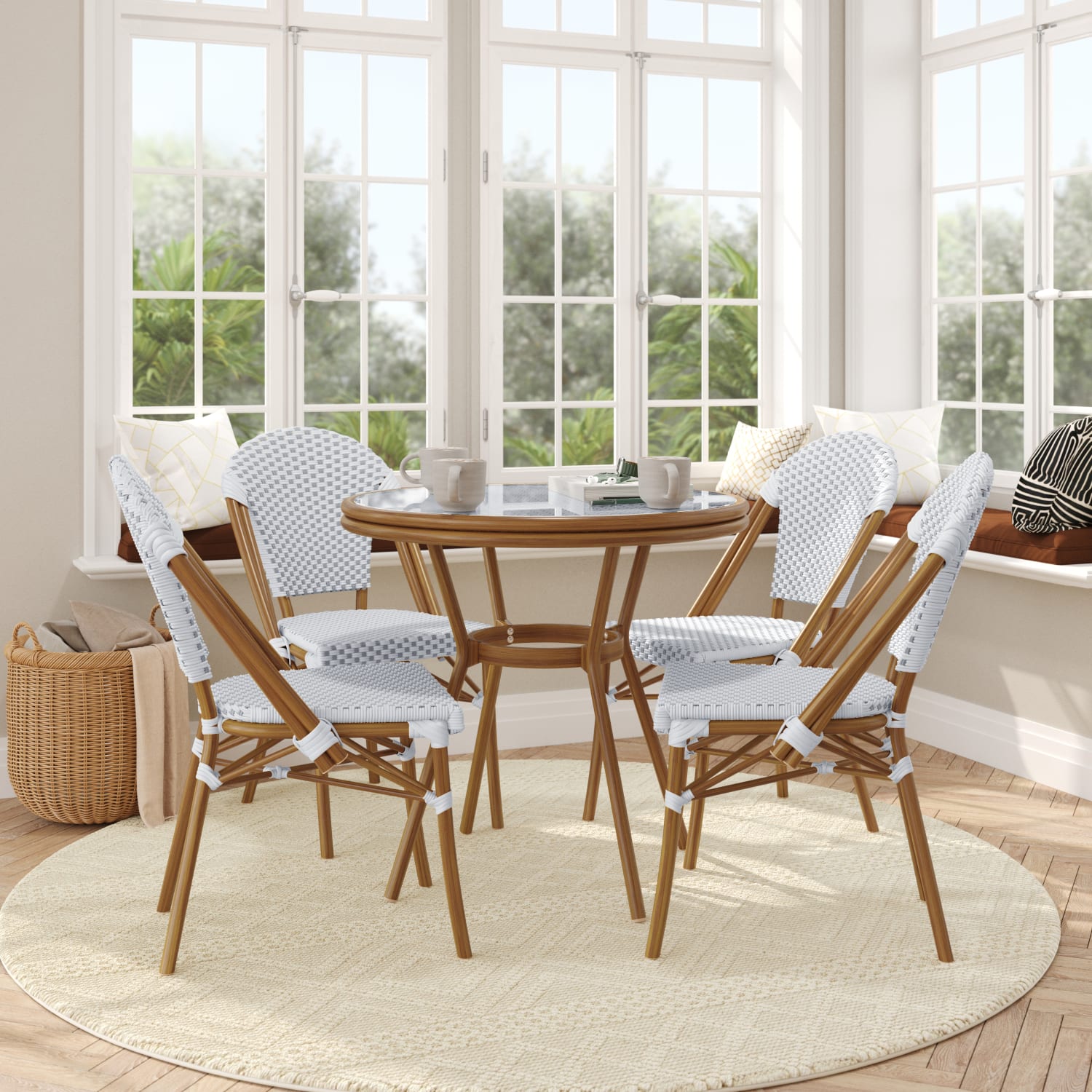 Flash Furniture Lourdes Indoor/Outdoor Commercial Bistro 31.5in Table, PE Rattan, Glass Top with 4 Stack Chairs, White & Gray Rattan/Natural Frame - Image 3