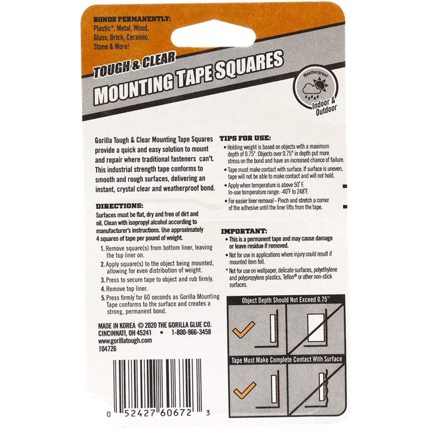 Gorilla Tough & Clear Mounting Squares - 1in Length x 1in Width - Clear - 24 / Pack - Image 3