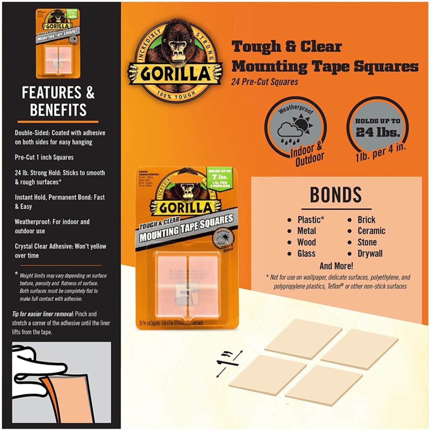 Gorilla Tough & Clear Mounting Squares - 1in Length x 1in Width - Clear - 24 / Pack - Image 5