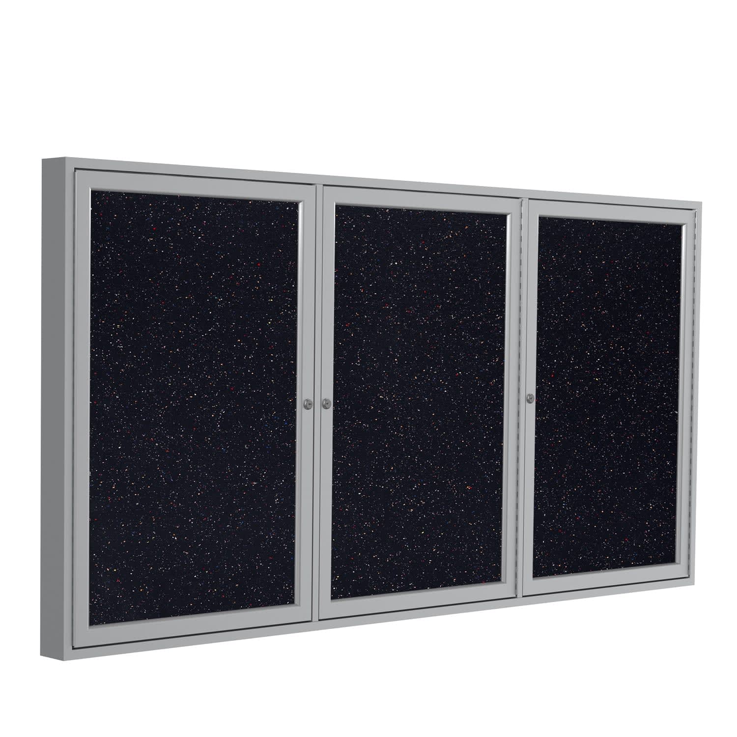 Ghent 3 Door Enclosed Recycled Rubber Bulletin Board, Satin Aluminum Frame, 48inH x 96inW, Confetti