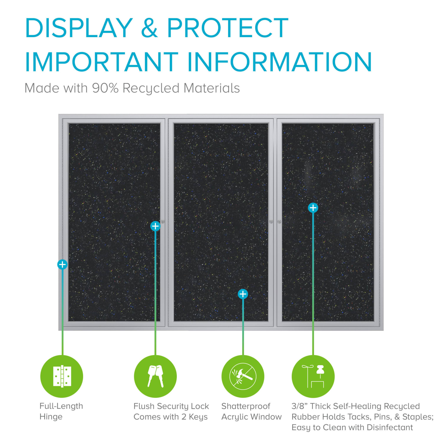 Ghent 3 Door Enclosed Recycled Rubber Bulletin Board, Satin Aluminum Frame, 48inH x 96inW, Confetti - Image 3
