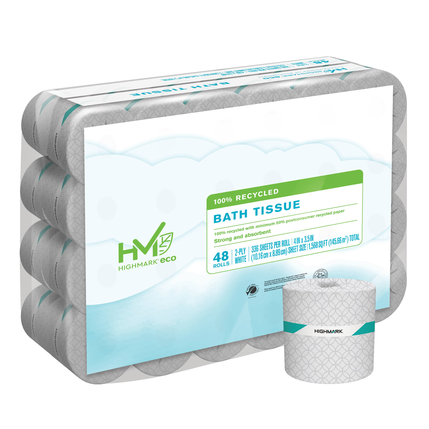 Highmark ECO 2-Ply Toilet Paper, 100% Recycled, 336 Sheets Per Roll, Case of 48 Rolls - Image 3