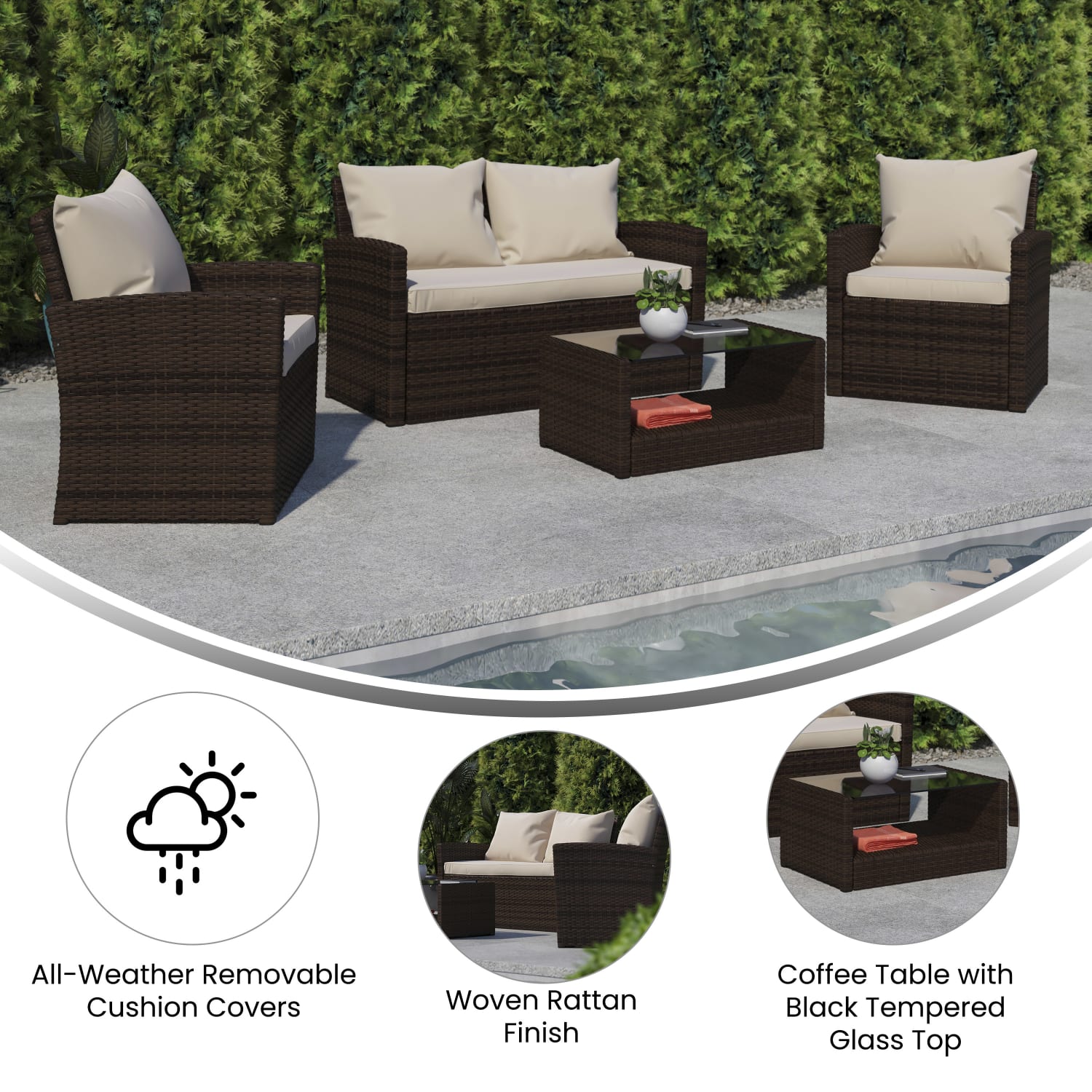 Flash Furniture Aransas Series 4-Piece Patio Set, Beige/Brown - Image 5