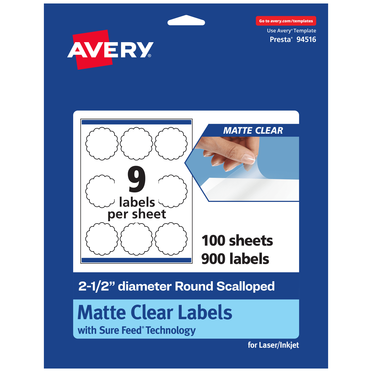 Avery Permanent Labels With Sure Feed, 94516-CMF100, Round Scalloped, 2-1/2in, Matte Clear, Pack Of 900