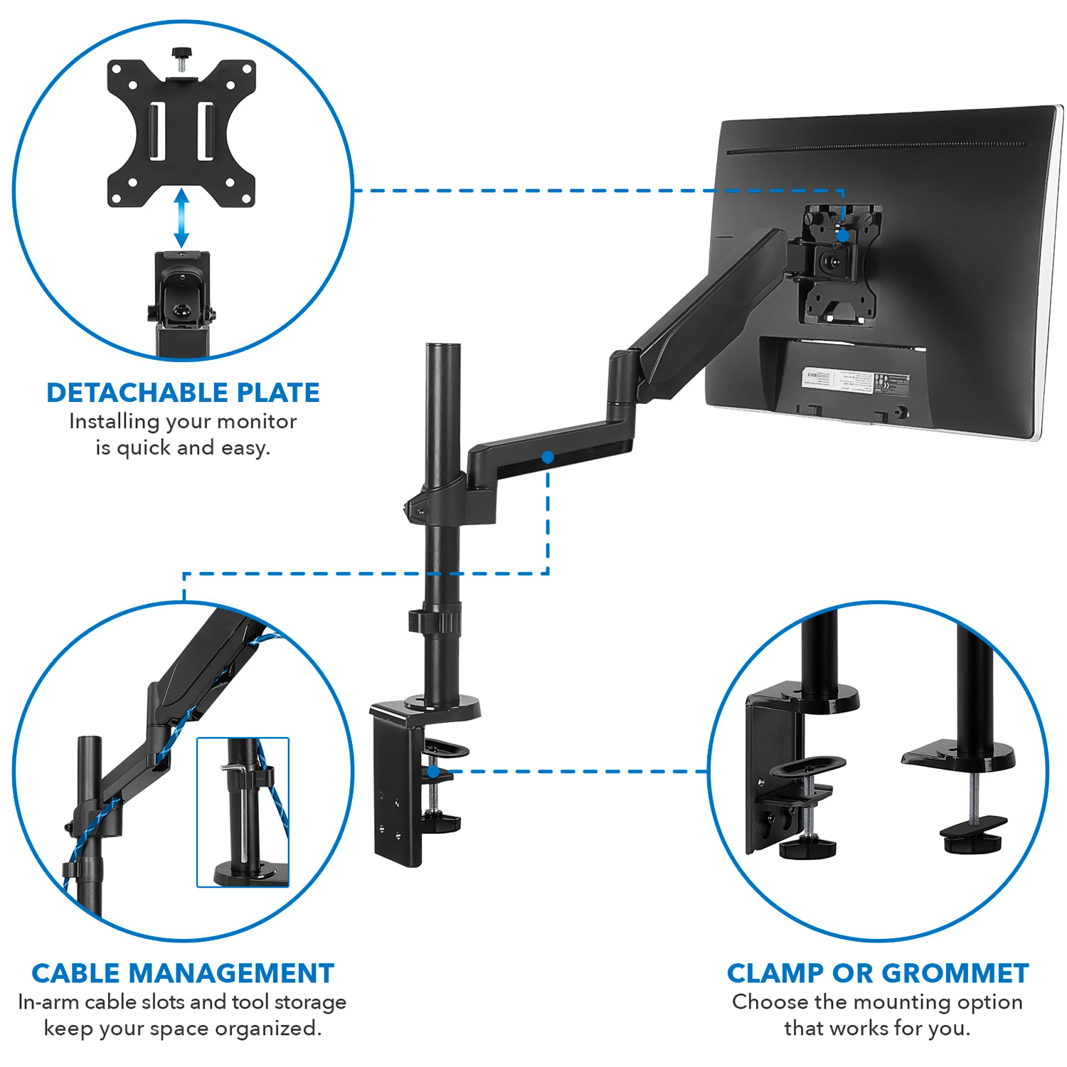 Mount-It! MI-4761 Single Monitor Arm Desk Mount, 16inH x 6inW x 4.8inD, Black - Image 4