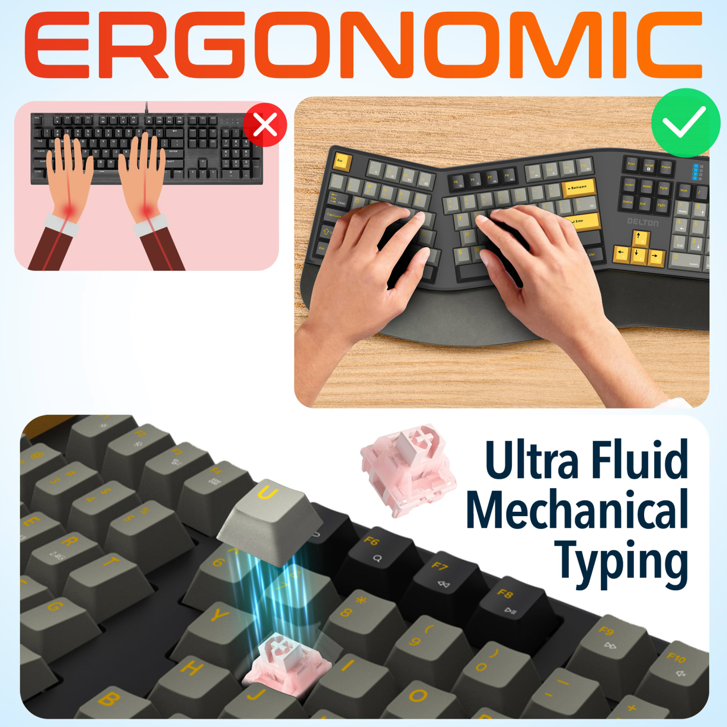 Delton KB450 Wireless Ergonomic Mechanical Keyboard with Wrist Pad, Black, Total Qty 1 - Image 3