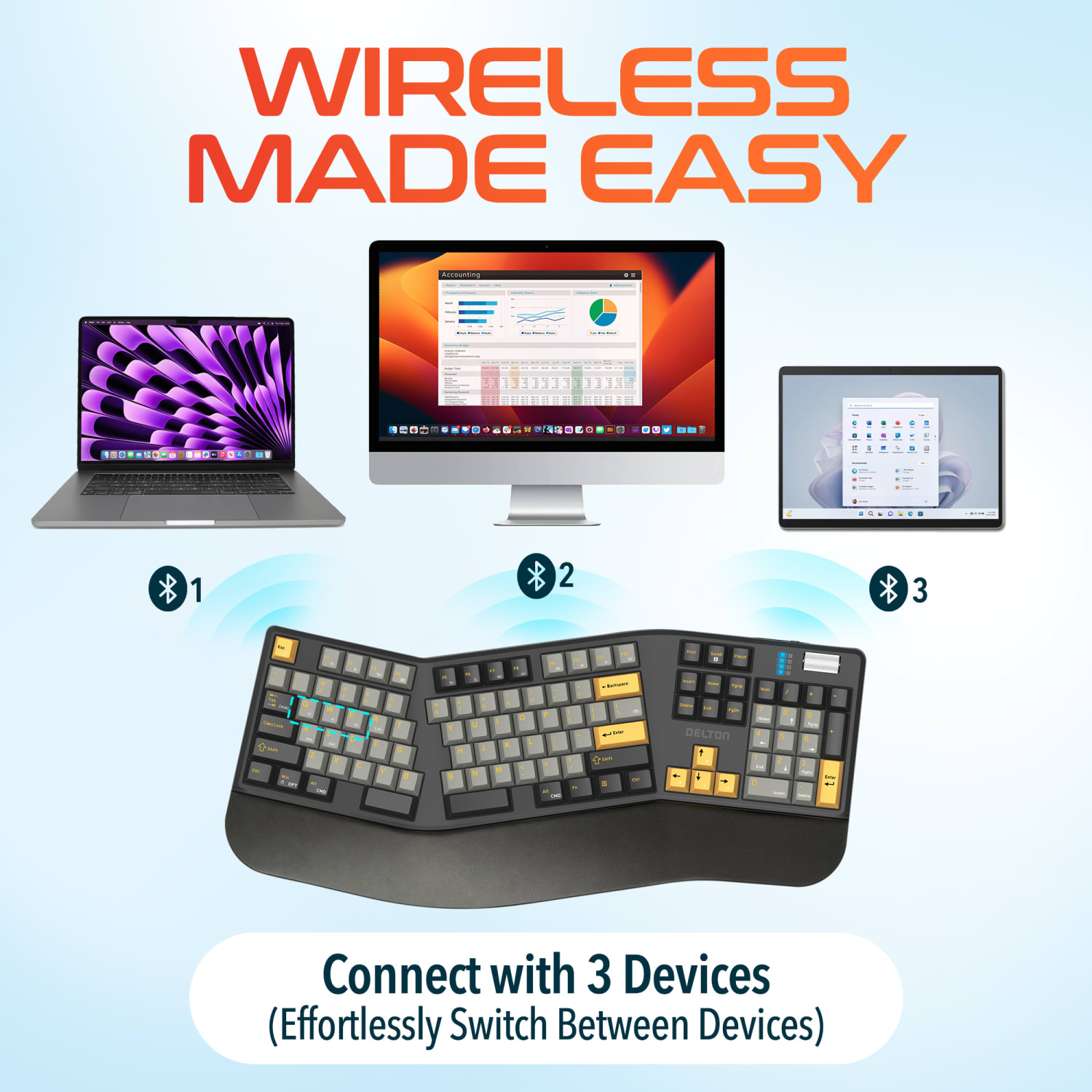 Delton KB450 Wireless Ergonomic Mechanical Keyboard with Wrist Pad, Black, Total Qty 1 - Image 6