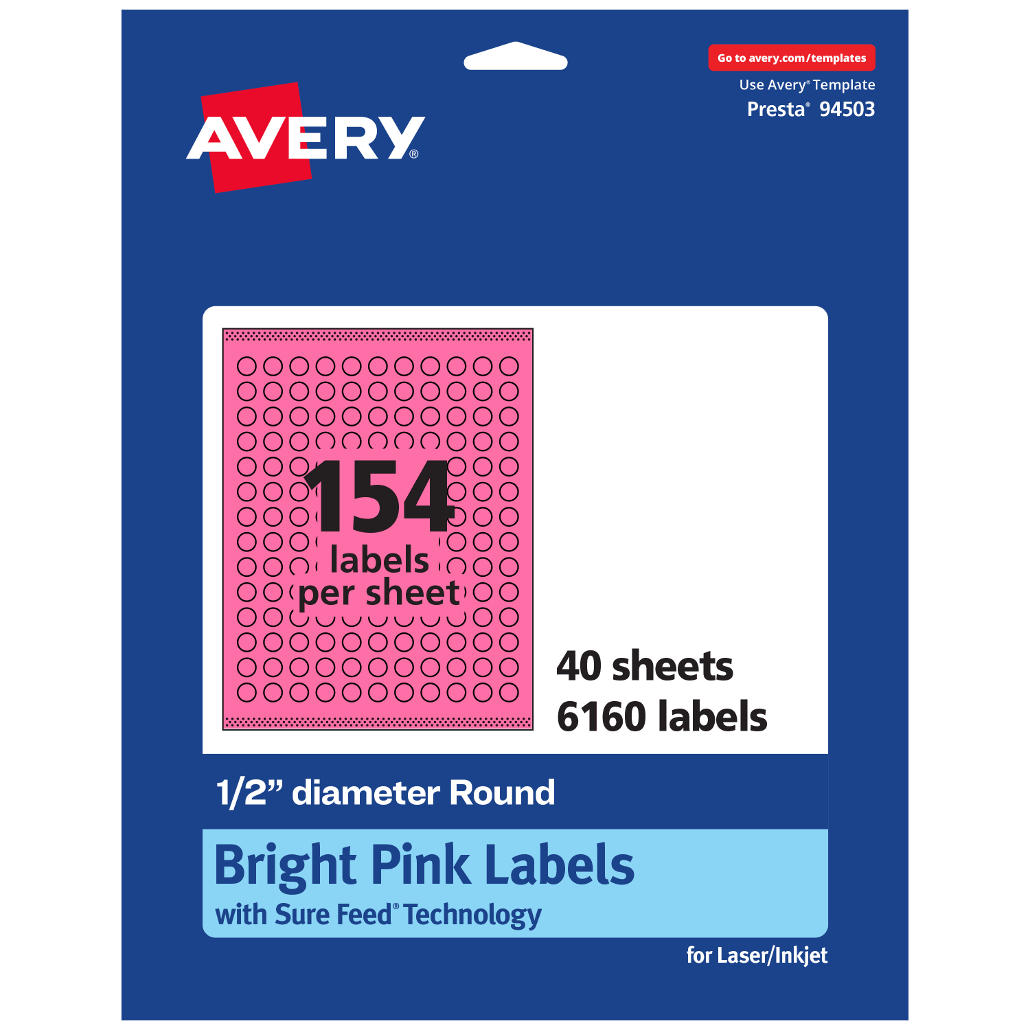 Avery Print-To-The-Edge Labels With Sure Feed Technology And Easy Peel Label Feature, 94503-BPP40, Round, 1/2in, Matte Bright Pink, Pack of 6160