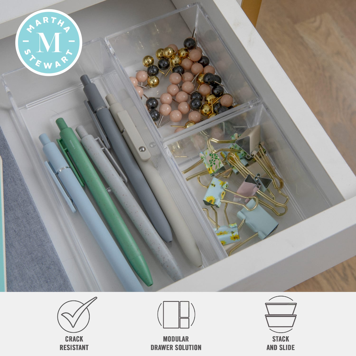 Martha Stewart Brody Stack & Slide Plastic Tray Office Desktop Organizers, 2inH x 3inW x 7-1/2inD, Clear, Set Of 3 Organizers - Image 4
