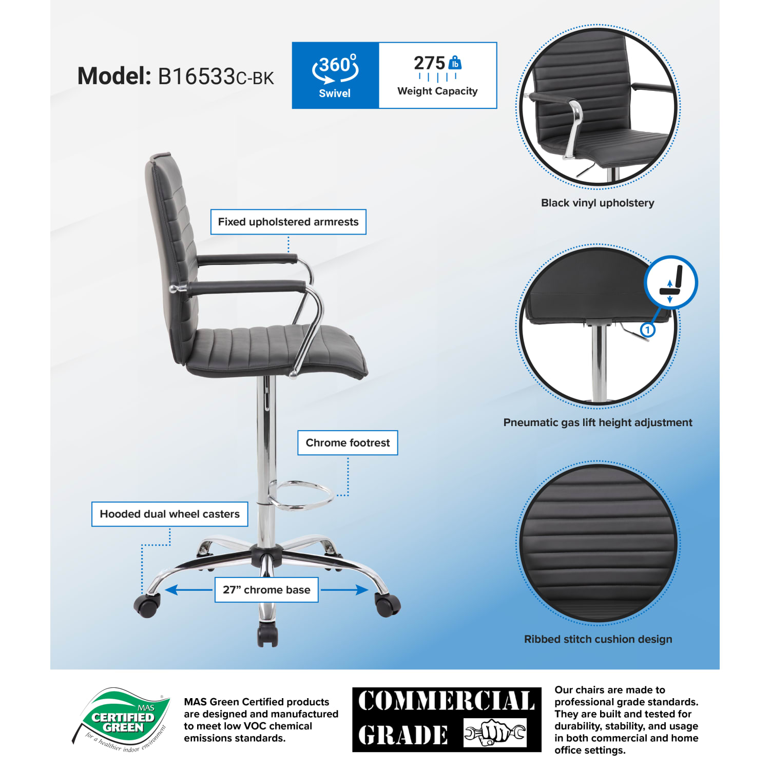 Boss Office Products Drafting Stool BlackChrome PopularChairscom