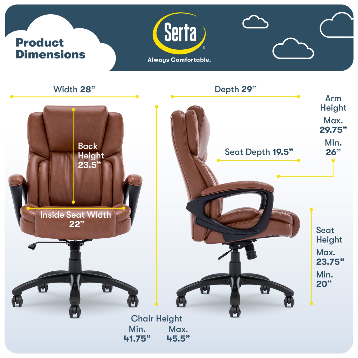 Serta Garret Ergonomic Bonded Leather High-Back Executive Chair, Cognac/Black - Image 4