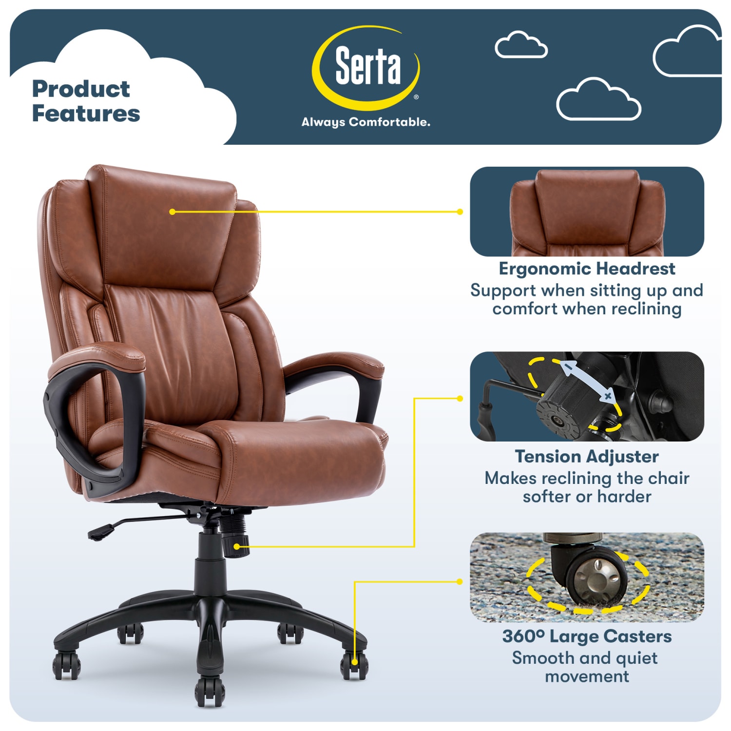 Serta Garret Ergonomic Bonded Leather High-Back Executive Chair, Cognac/Black - Image 5