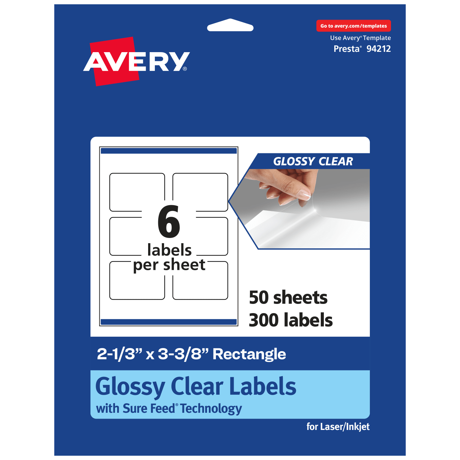 Avery Glossy Permanent Labels With Sure Feed, 94212-CGF50, Rectangle, 2-1/3in x 3-3/8in, Clear, Pack Of 300