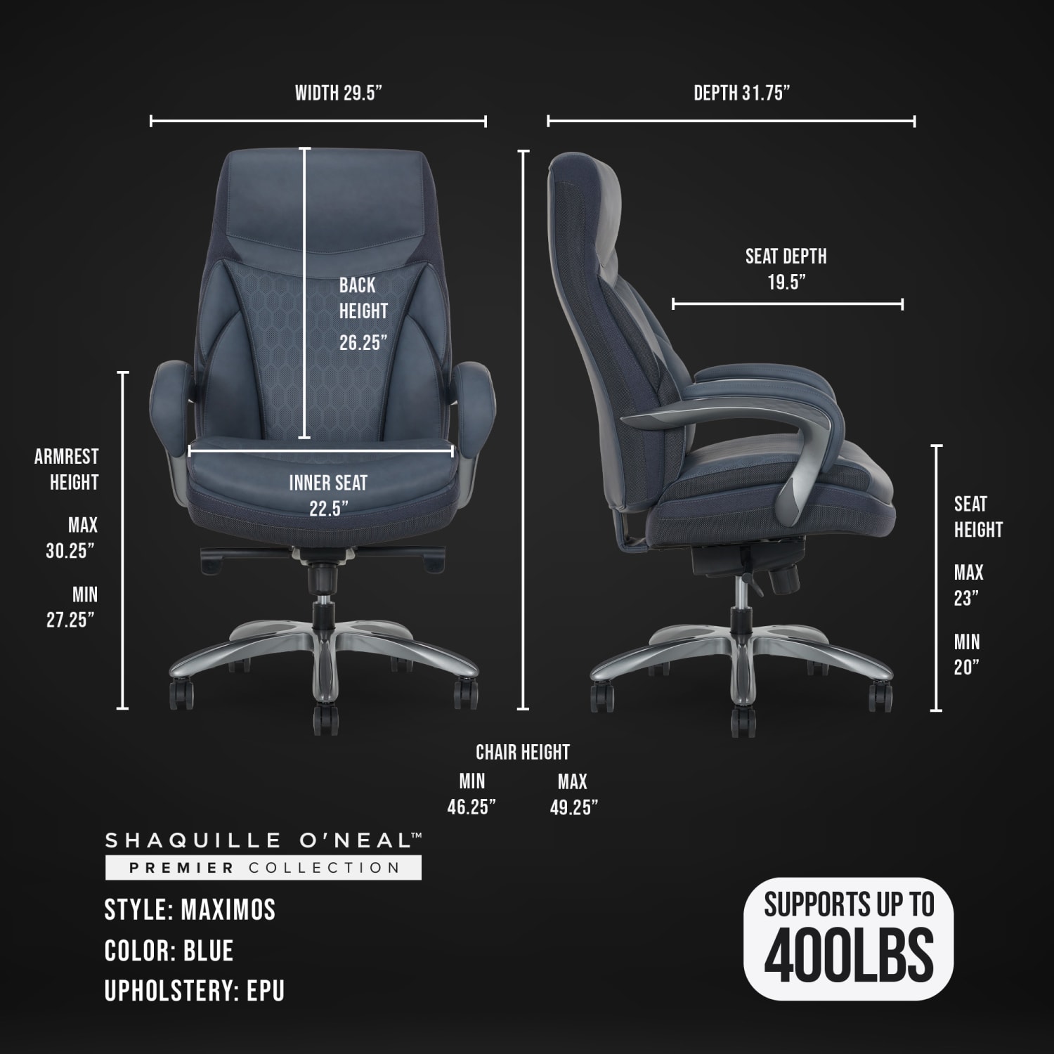 Shaquille ONeal Maximos Big Tall Ergonomic Vegan Leather HighBack Executive Office Chair BlueSilver BIFMA Compliant PopularChairscom Shaquille O Neal Maximos Big Tall Ergonomic Vegan Leather High Back Executive Office Chair BlueSilver BIFMA Compliant PopularChairscom