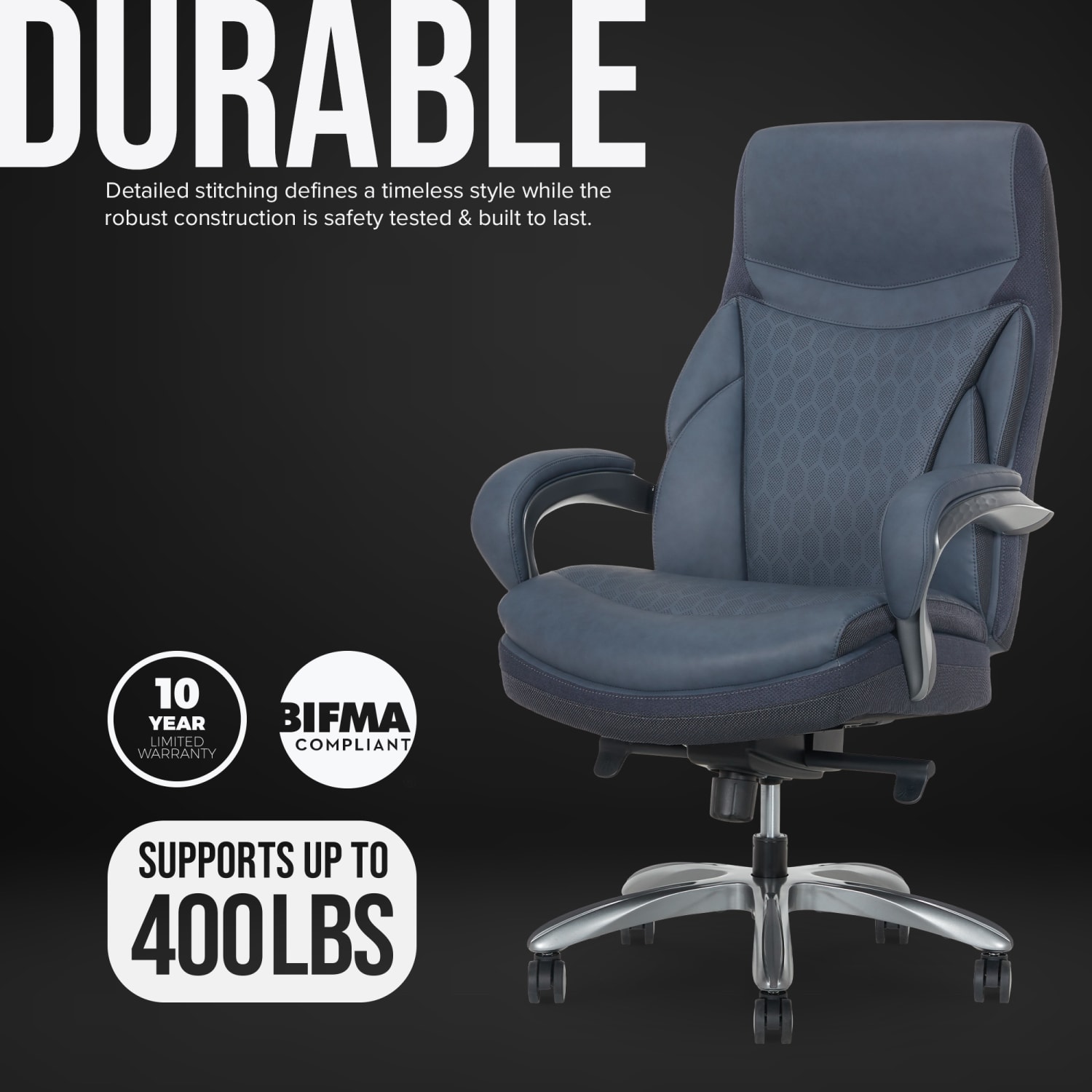 Shaquille O-Neal Maximos Big & Tall Ergonomic Vegan Leather High-Back Executive Office Chair, Blue/Silver, BIFMA Compliant - Image 4