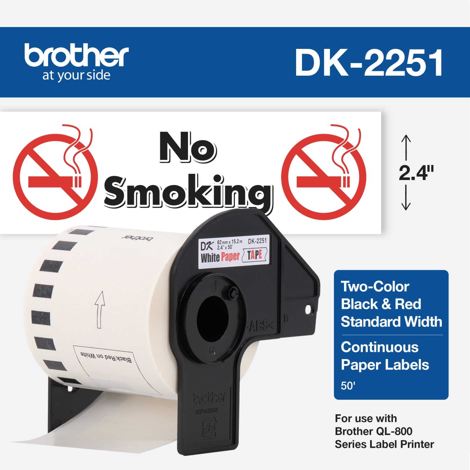 Brother DK-2251 Continuous-Length Tape, 2.4in x 50ft, Black/Red/White - Image 3