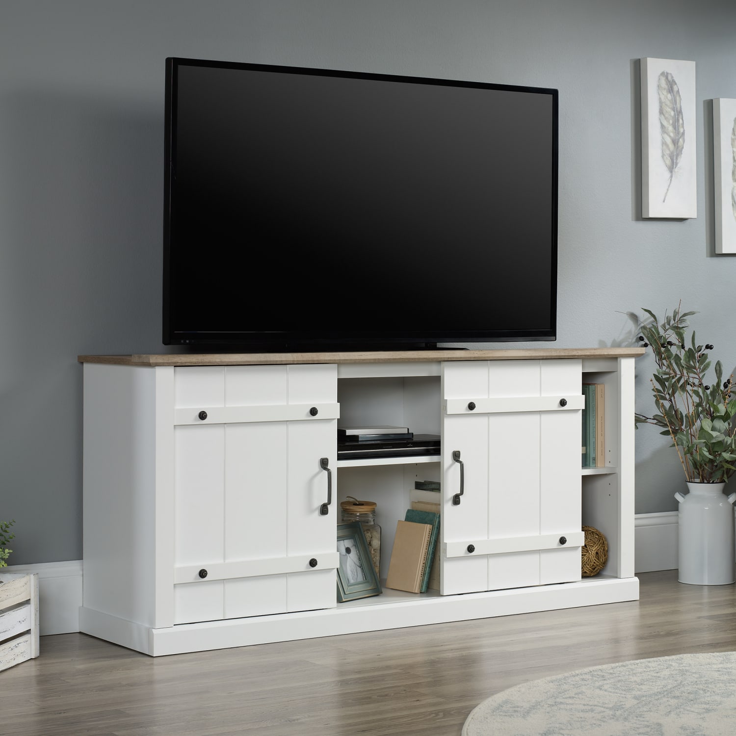 Sauder Select Farmhouse Entertainment Credenza With Sliding Doors For 70in TVs, Soft White/Lintel Oak - Image 4