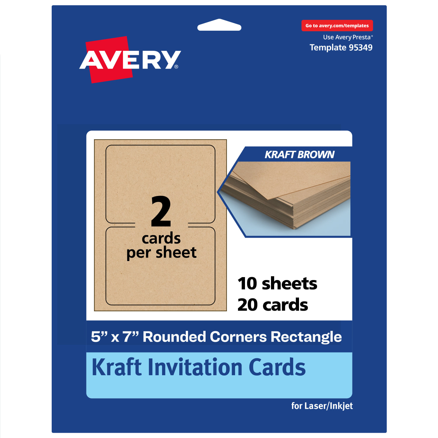Avery Printable Invitation Cards, 5in x 7in Rectangle Rounded Corners, Kraft Brown, Pack Of 20