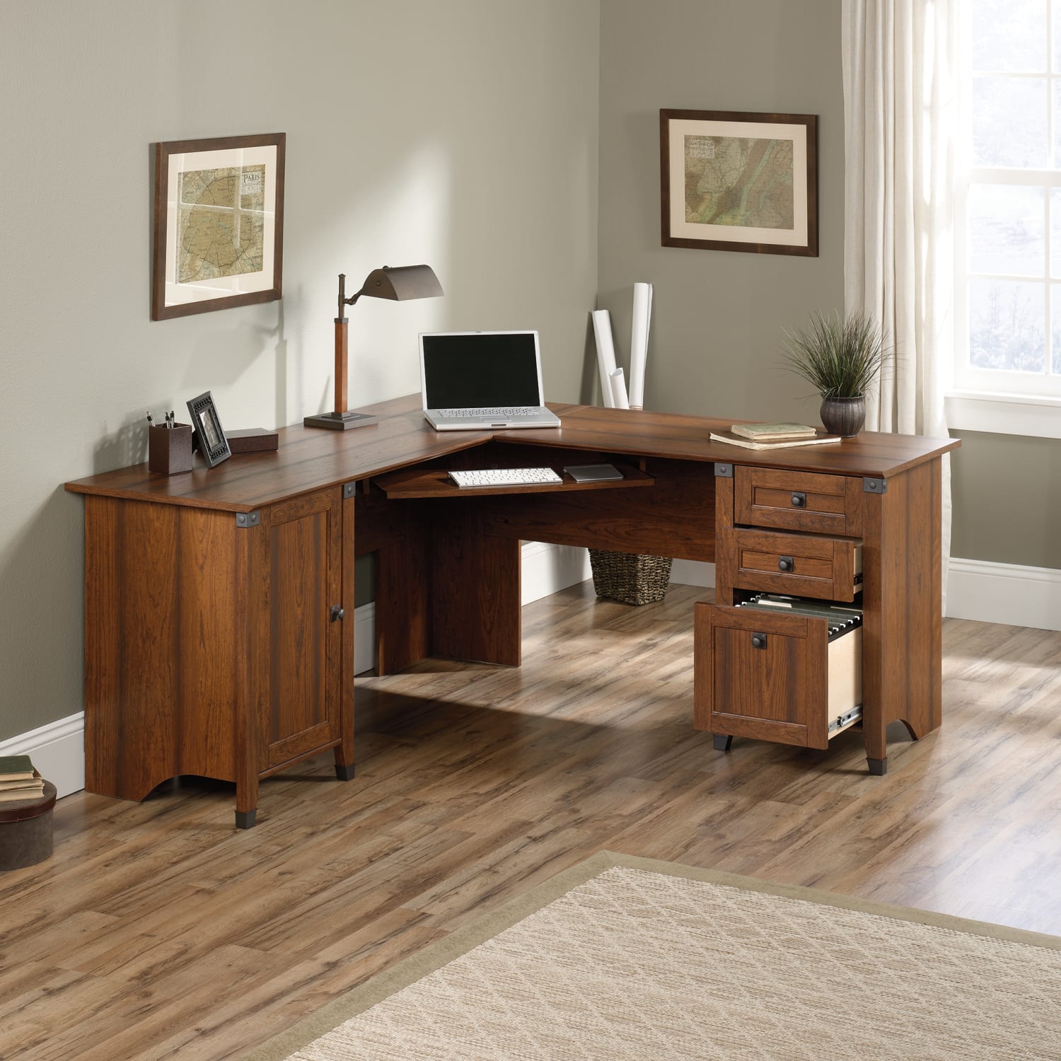 Sauder Carson Forge 67inW "L"-Shaped Corner Desk, Washington Cherry - Image 3