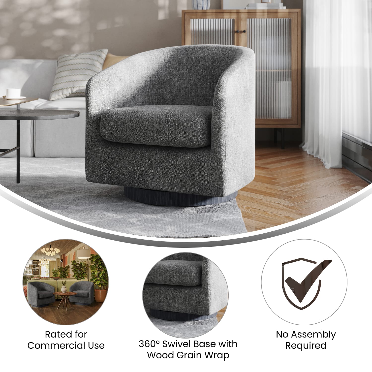 Flash Furniture Landon Club Style Commercial Barrel Accent Armchair with 360 Degree Swivel Metal Base and Sloped Armrests, Dark Gray - Image 4